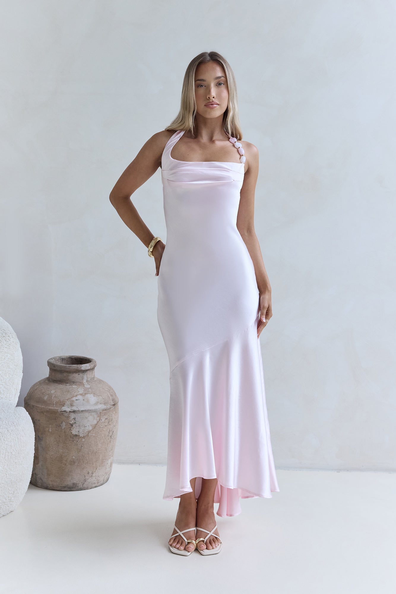 Lucky In Life Satin Halter Maxi Dress Pink-Seaa Fashion
