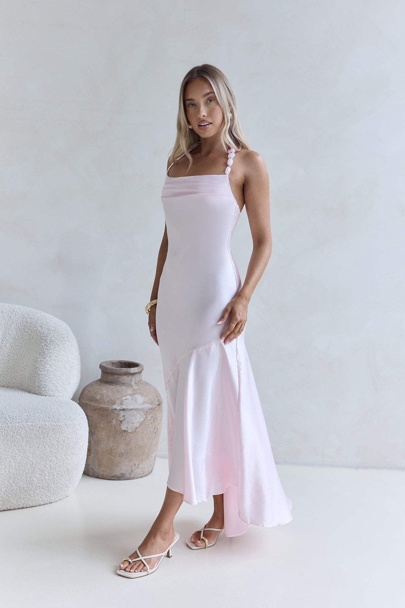 Lucky In Life Satin Halter Maxi Dress Pink-Seaa Fashion