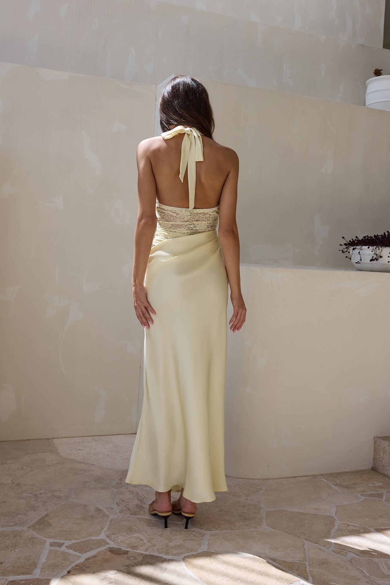 Call Me Yours Lace Halter Satin Maxi Dress Lemon-Seaa Fashion