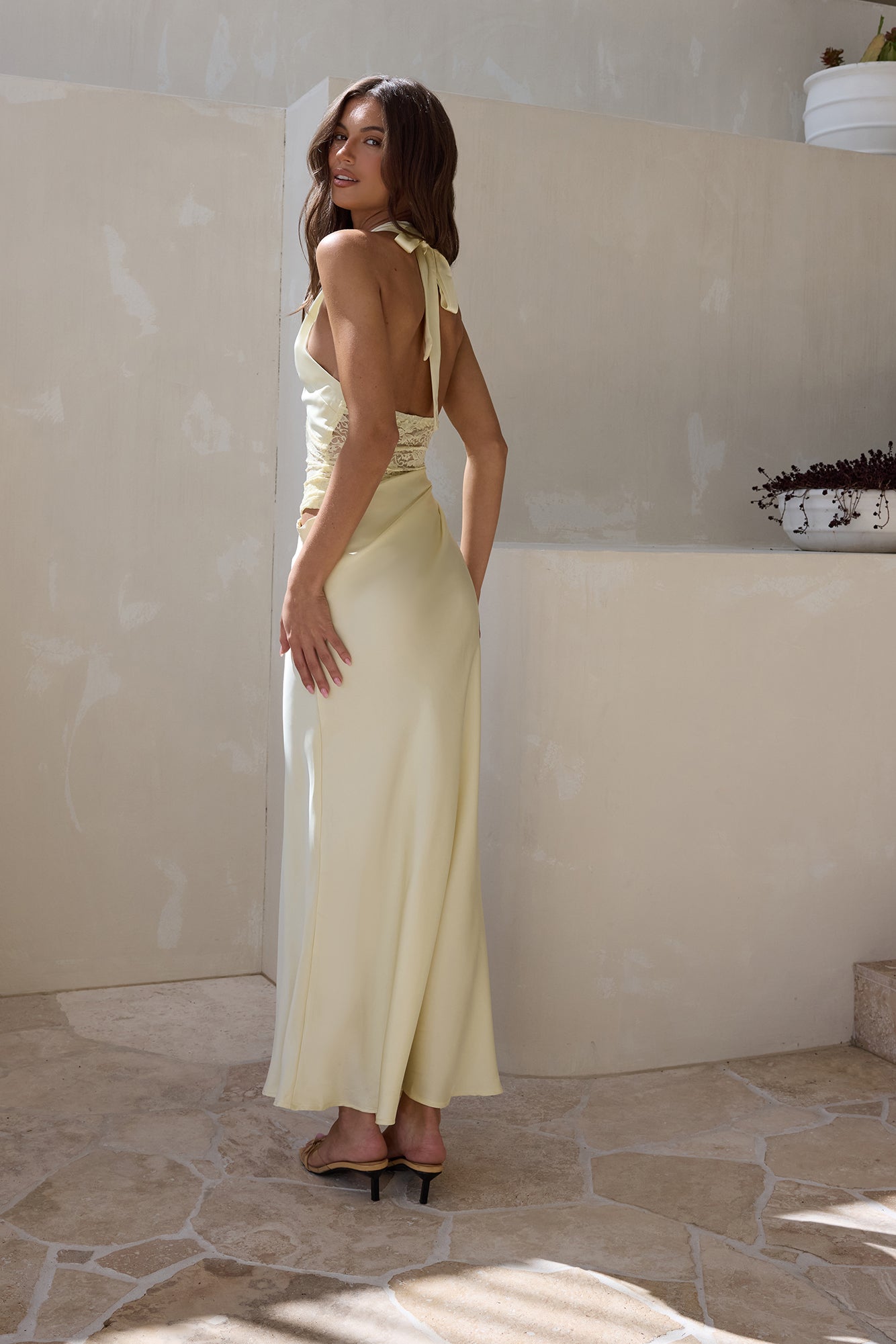 Call Me Yours Lace Halter Satin Maxi Dress Lemon-Seaa Fashion