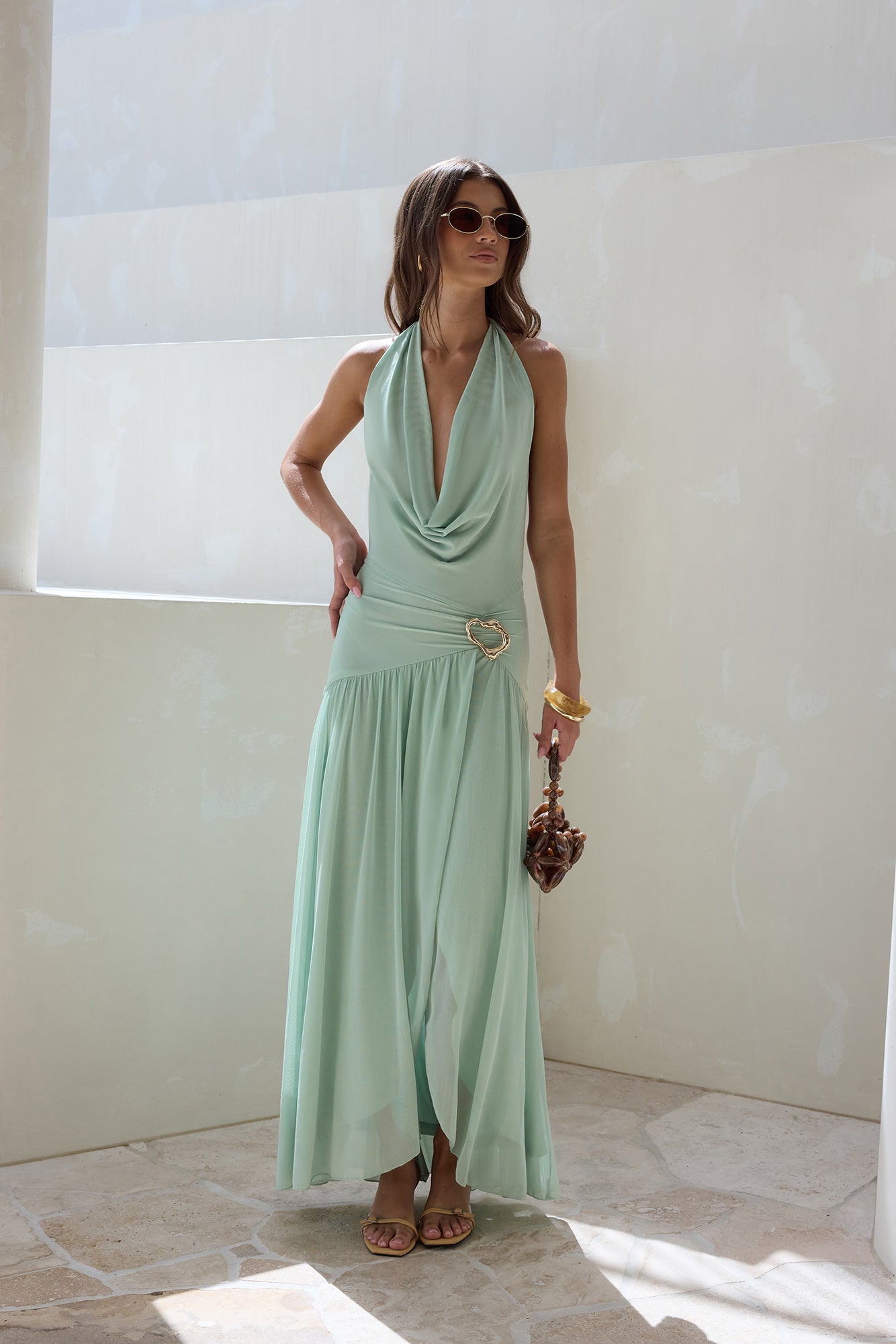 Floating Clouds Halter Mesh Maxi Dress Sage-Seaa Fashion