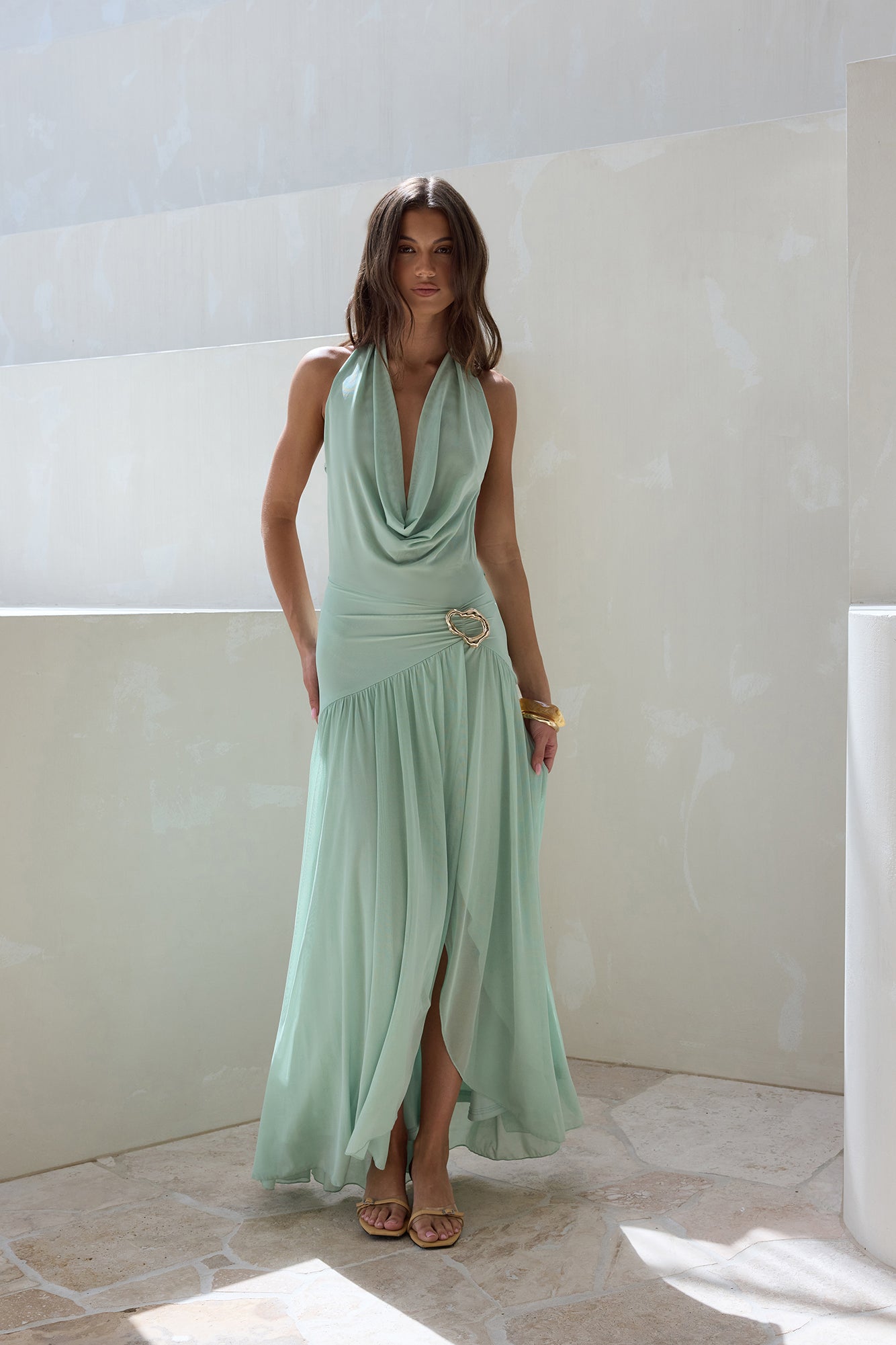 Floating Clouds Halter Mesh Maxi Dress Sage-Seaa Fashion