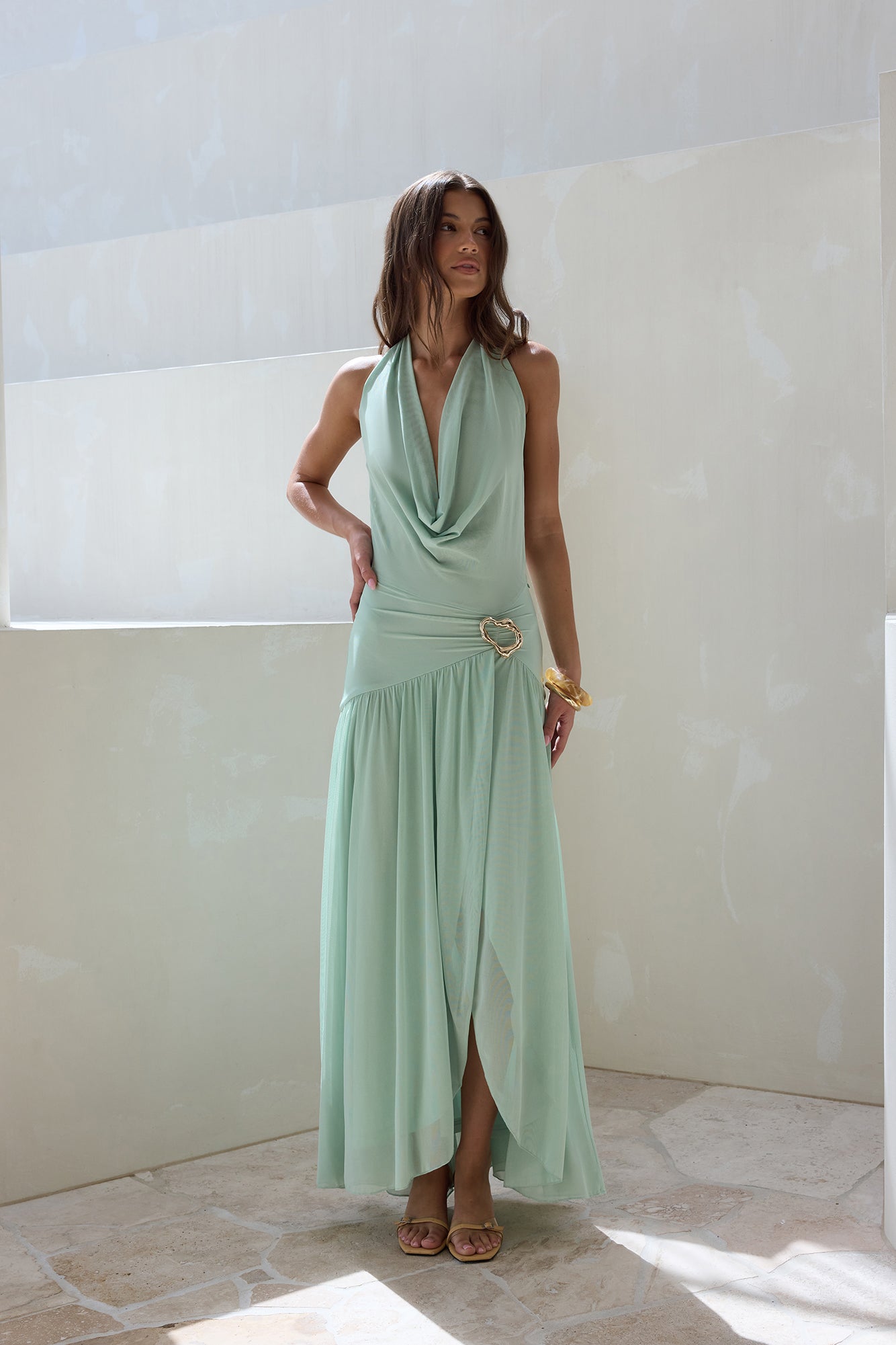 Floating Clouds Halter Mesh Maxi Dress Sage-Seaa Fashion