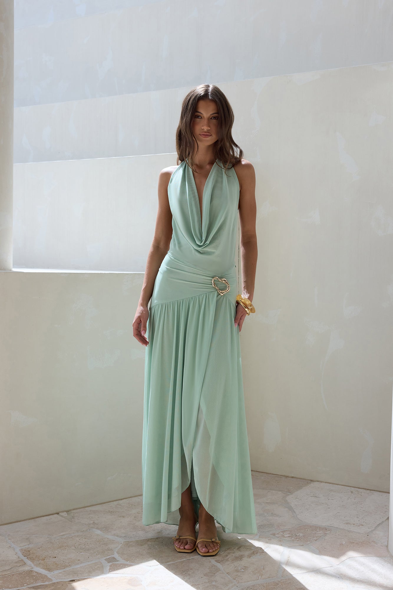 Floating Clouds Halter Mesh Maxi Dress Sage-Seaa Fashion