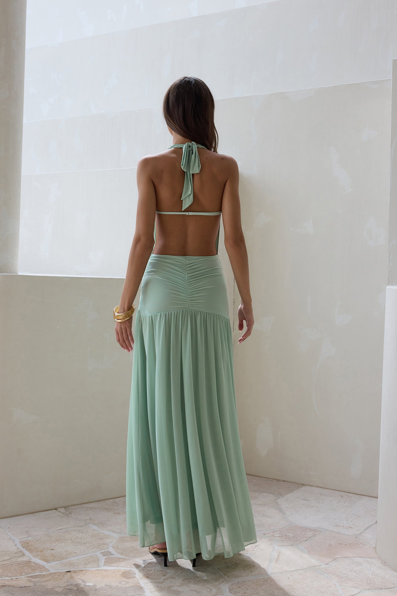 Floating Clouds Halter Mesh Maxi Dress Sage-Seaa Fashion