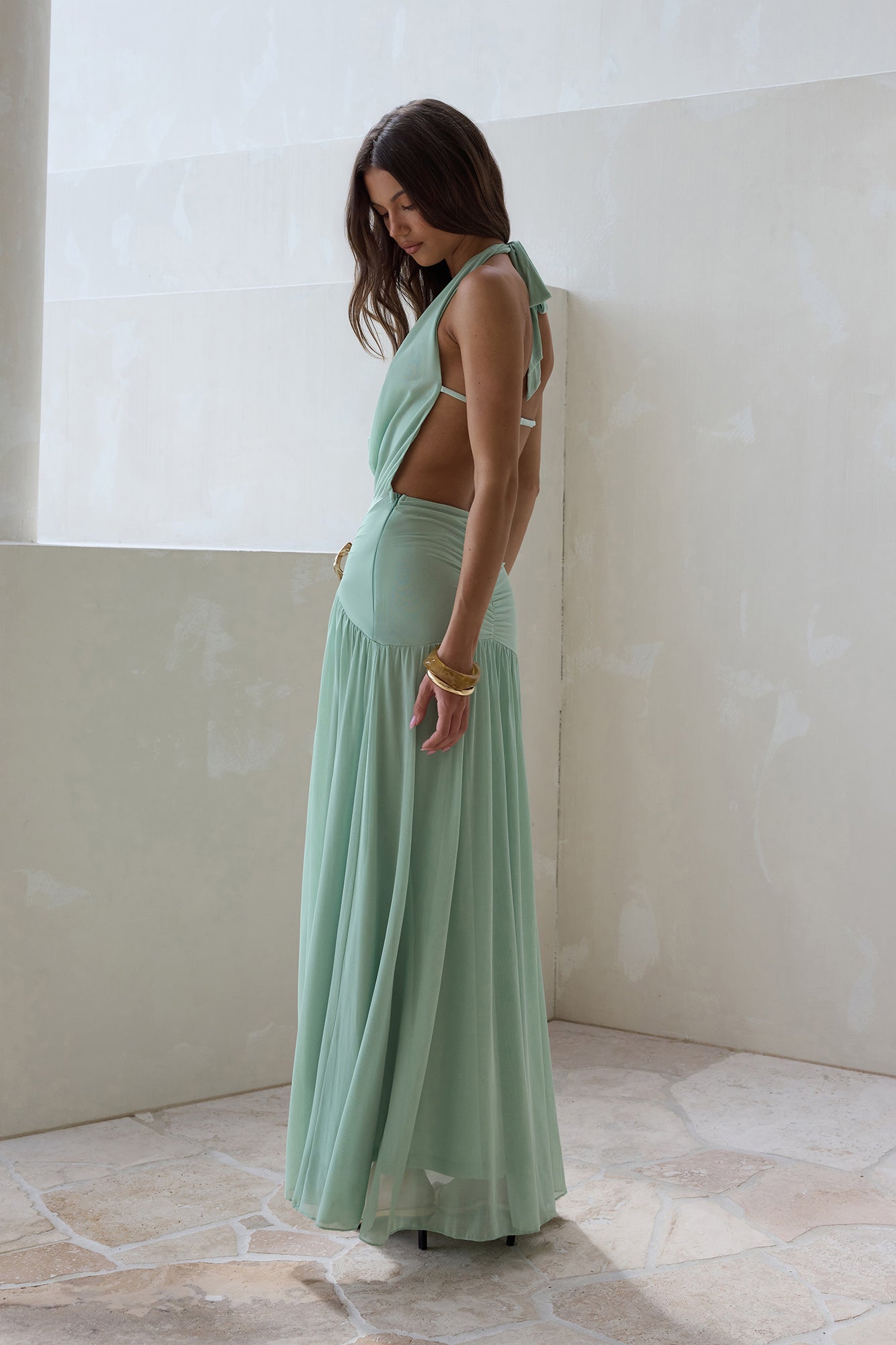 Floating Clouds Halter Mesh Maxi Dress Sage-Seaa Fashion