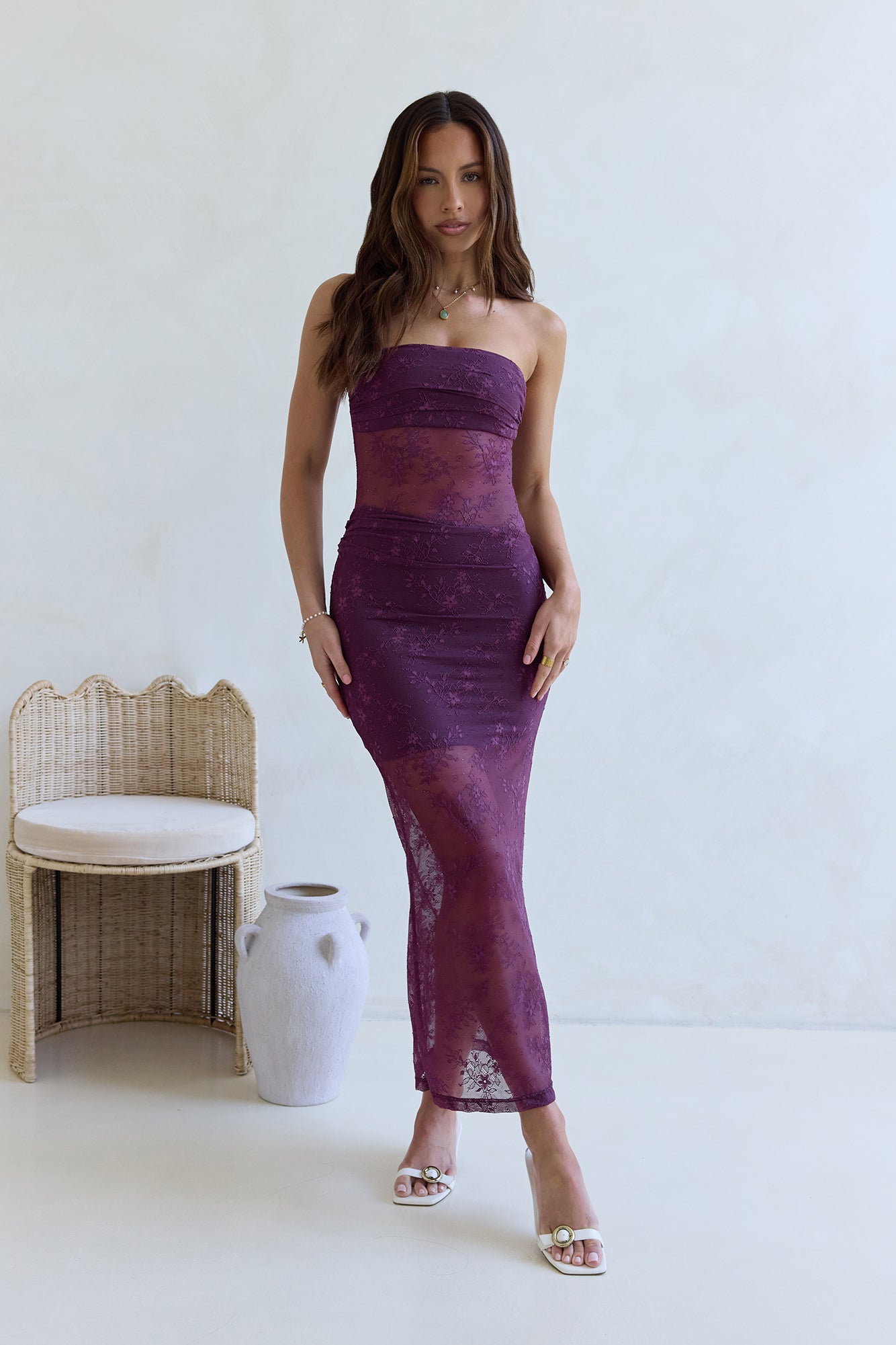 For The Lovers Lace Strapless Maxi Dress Plum-Seaa Fashion