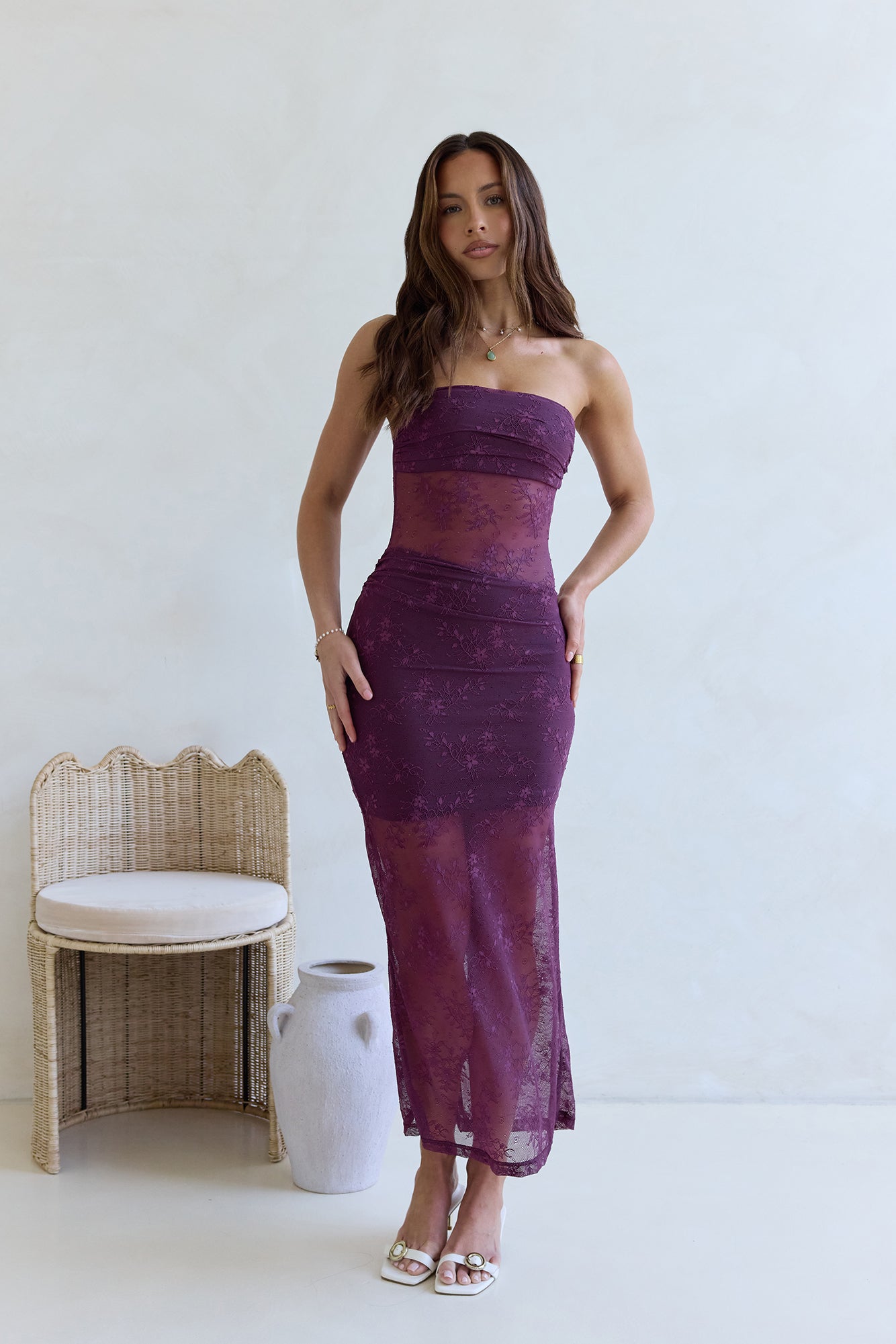 For The Lovers Lace Strapless Maxi Dress Plum-Seaa Fashion