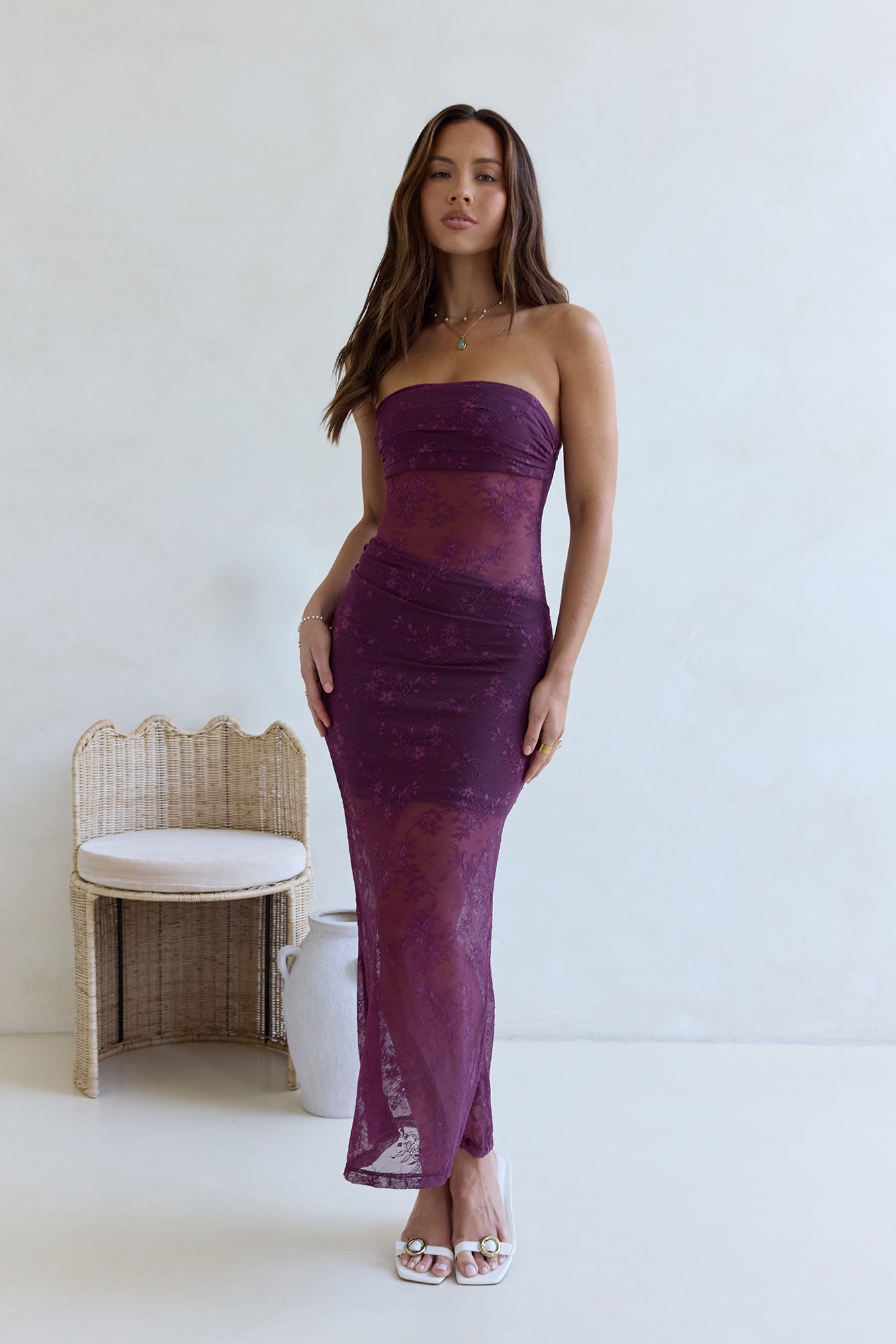 For The Lovers Lace Strapless Maxi Dress Plum-Seaa Fashion