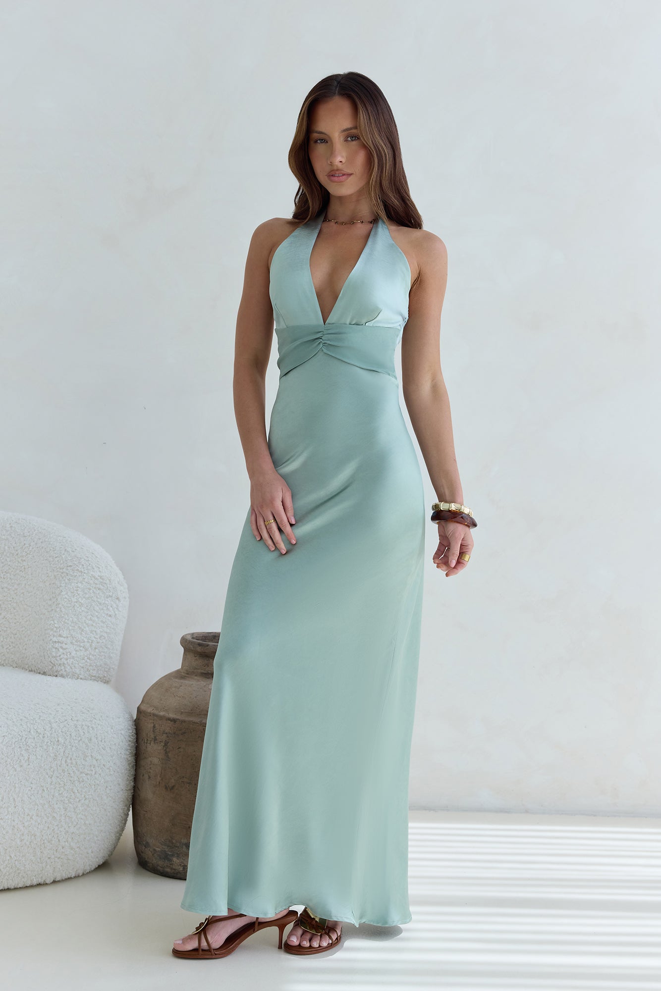 Destinations Halter Satin Maxi Dress Sage-Seaa Fashion