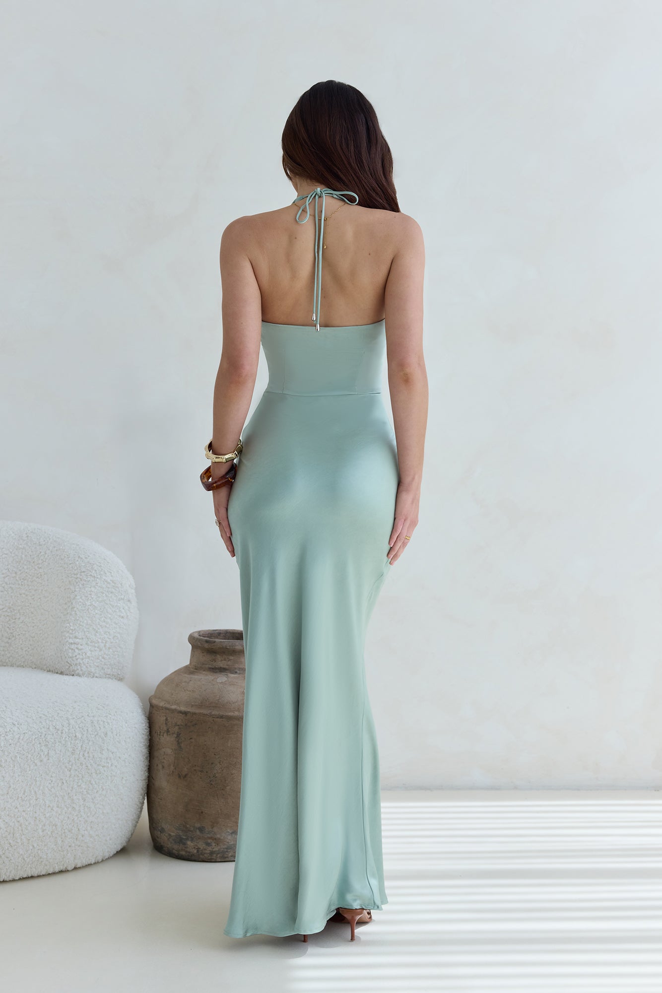 Destinations Halter Satin Maxi Dress Sage-Seaa Fashion