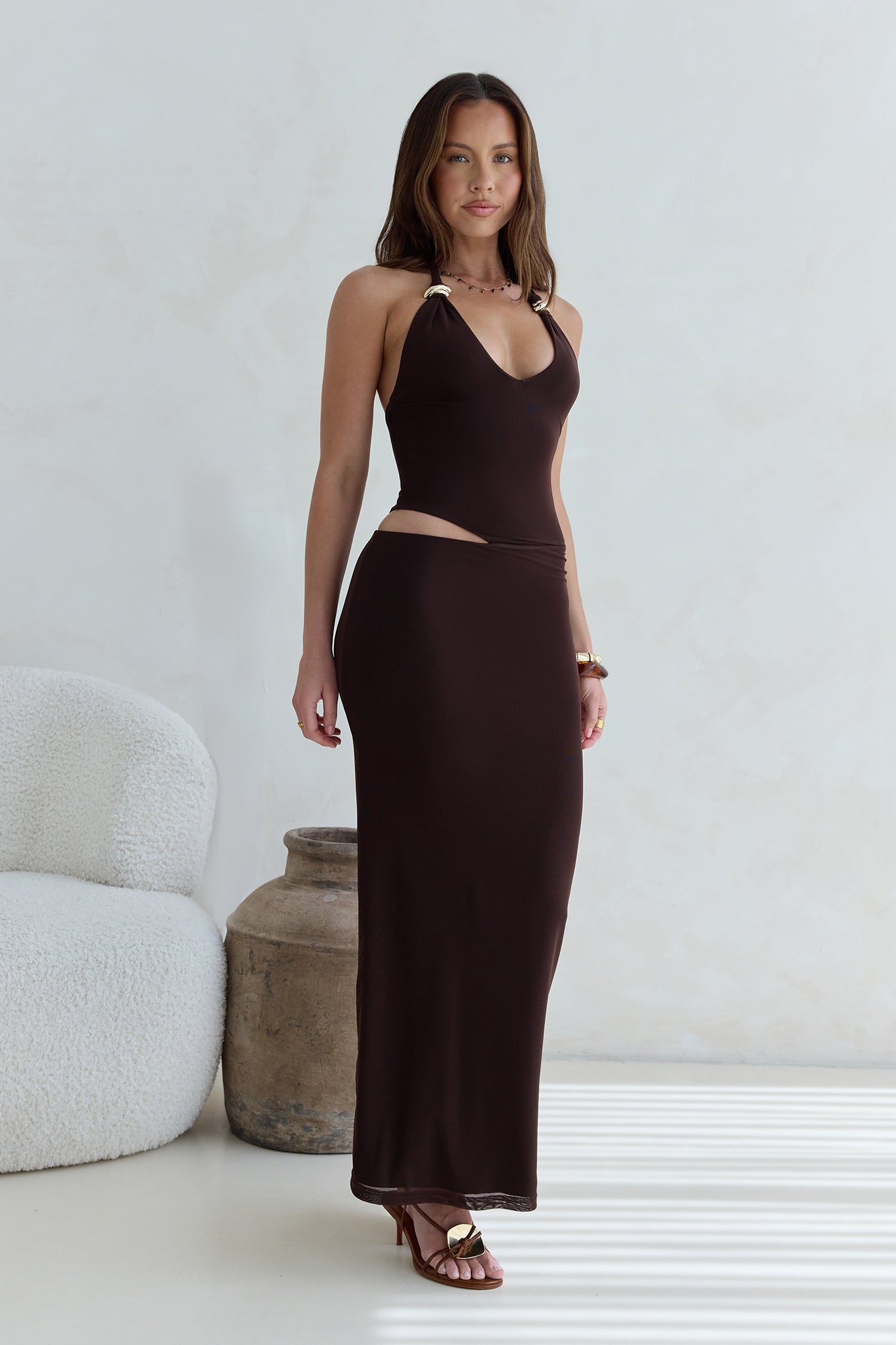 Whispers In The Dark Halter Mesh Maxi Dress Brown-Seaa Fashion
