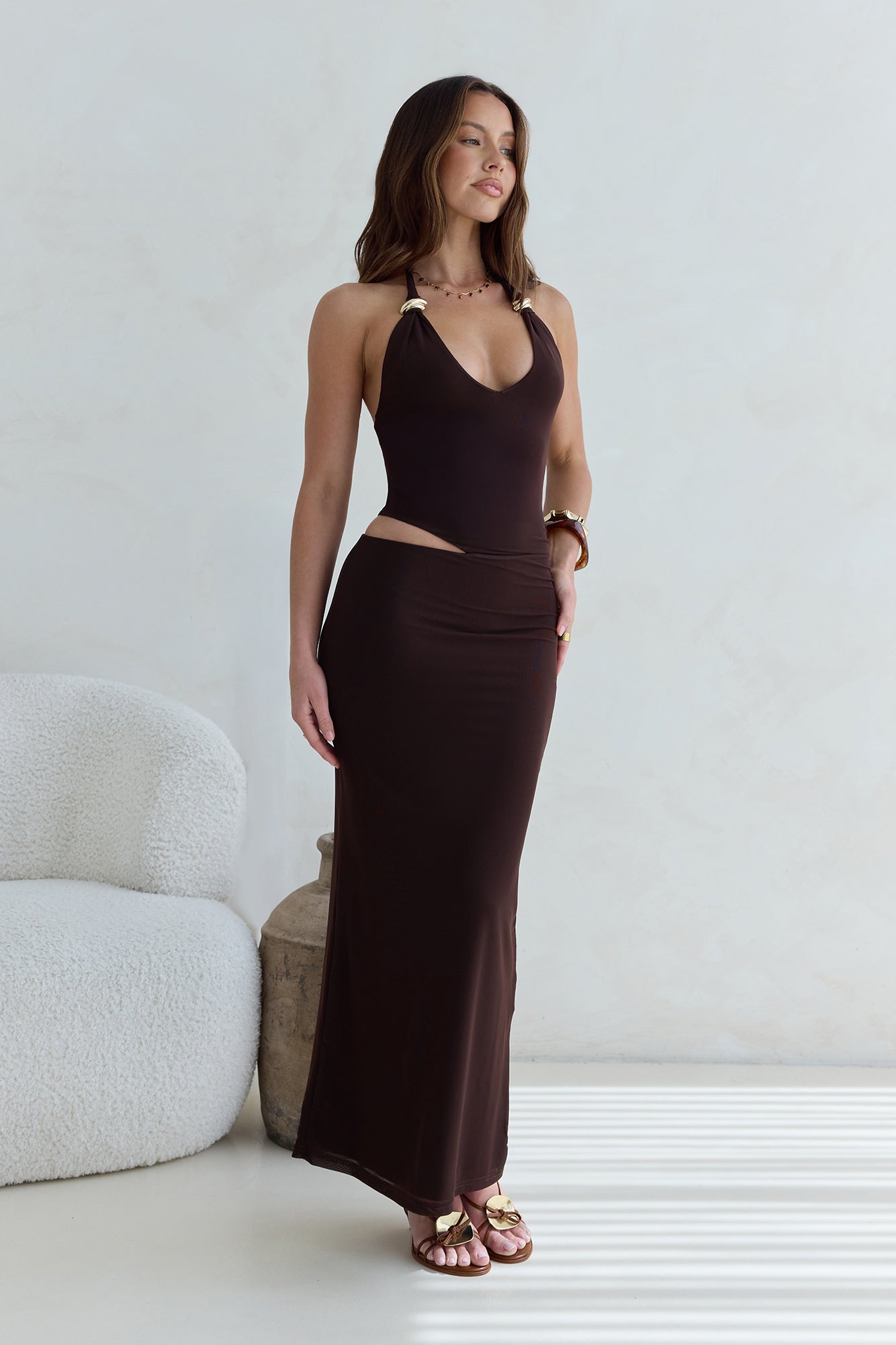 Whispers In The Dark Halter Mesh Maxi Dress Brown-Seaa Fashion