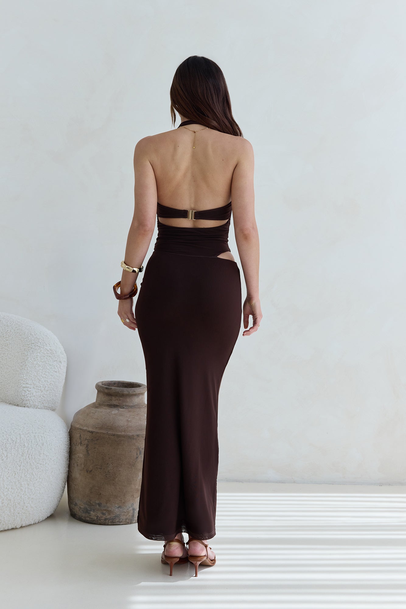 Whispers In The Dark Halter Mesh Maxi Dress Brown-Seaa Fashion
