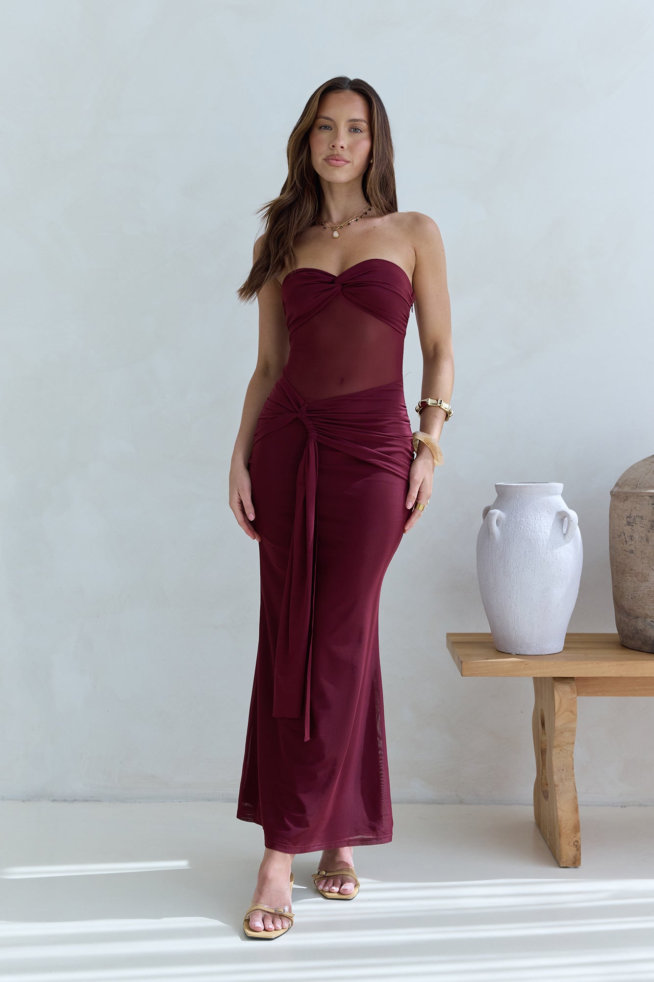 Caught Your Eye Mesh Strapless Maxi Dress Burgundy-Seaa Fashion