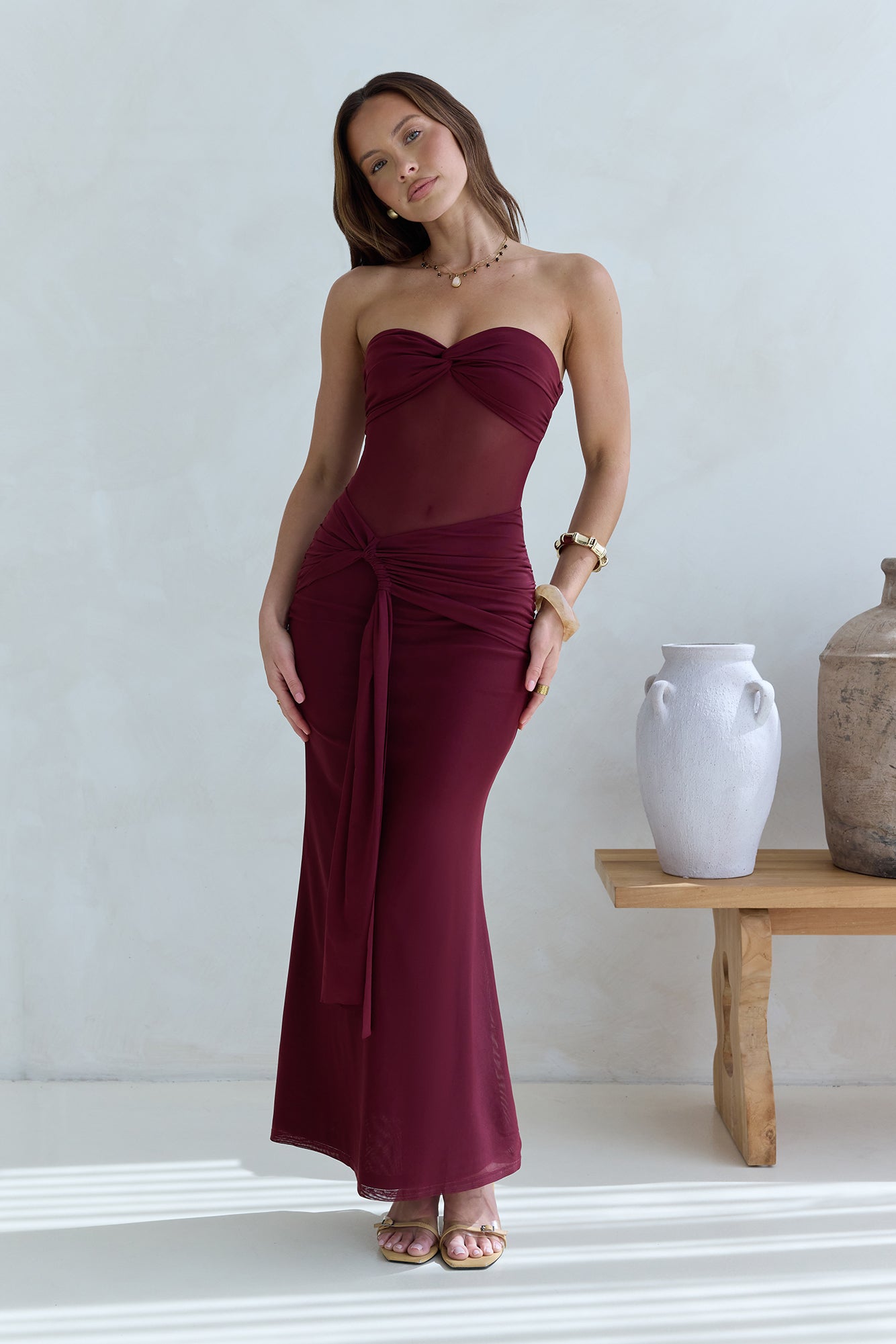 Caught Your Eye Mesh Strapless Maxi Dress Burgundy-Seaa Fashion