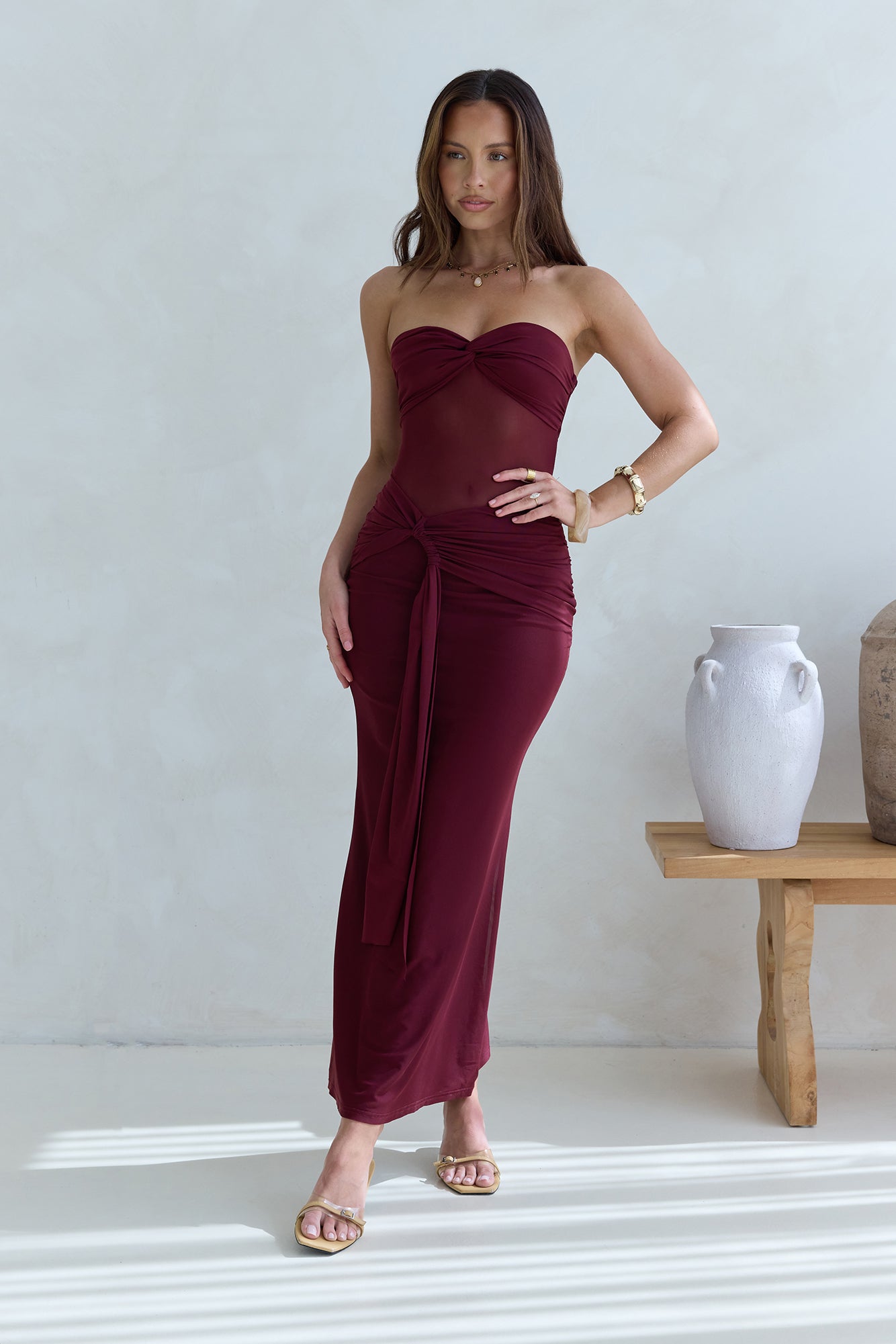 Caught Your Eye Mesh Strapless Maxi Dress Burgundy-Seaa Fashion