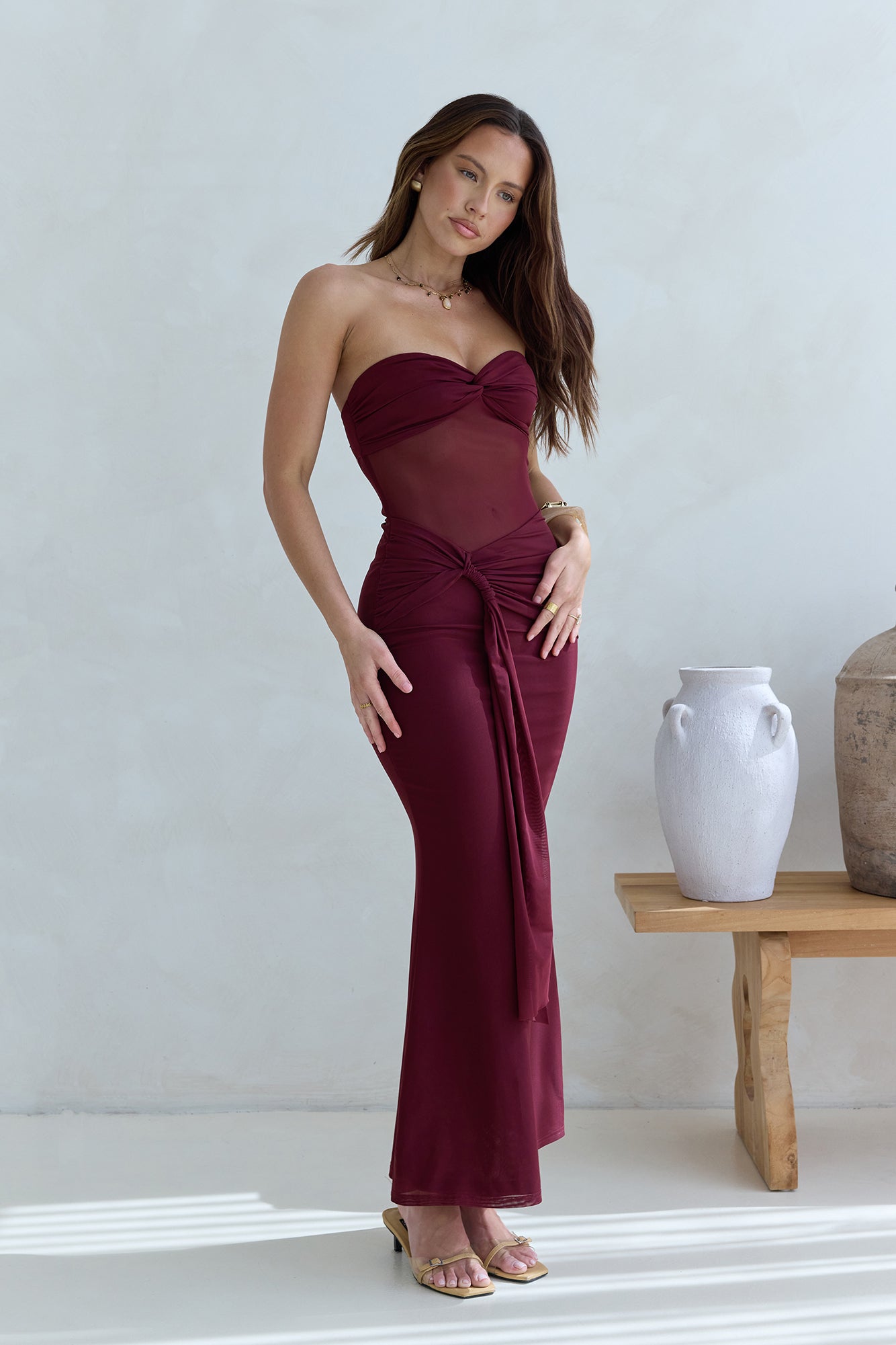 Caught Your Eye Mesh Strapless Maxi Dress Burgundy-Seaa Fashion