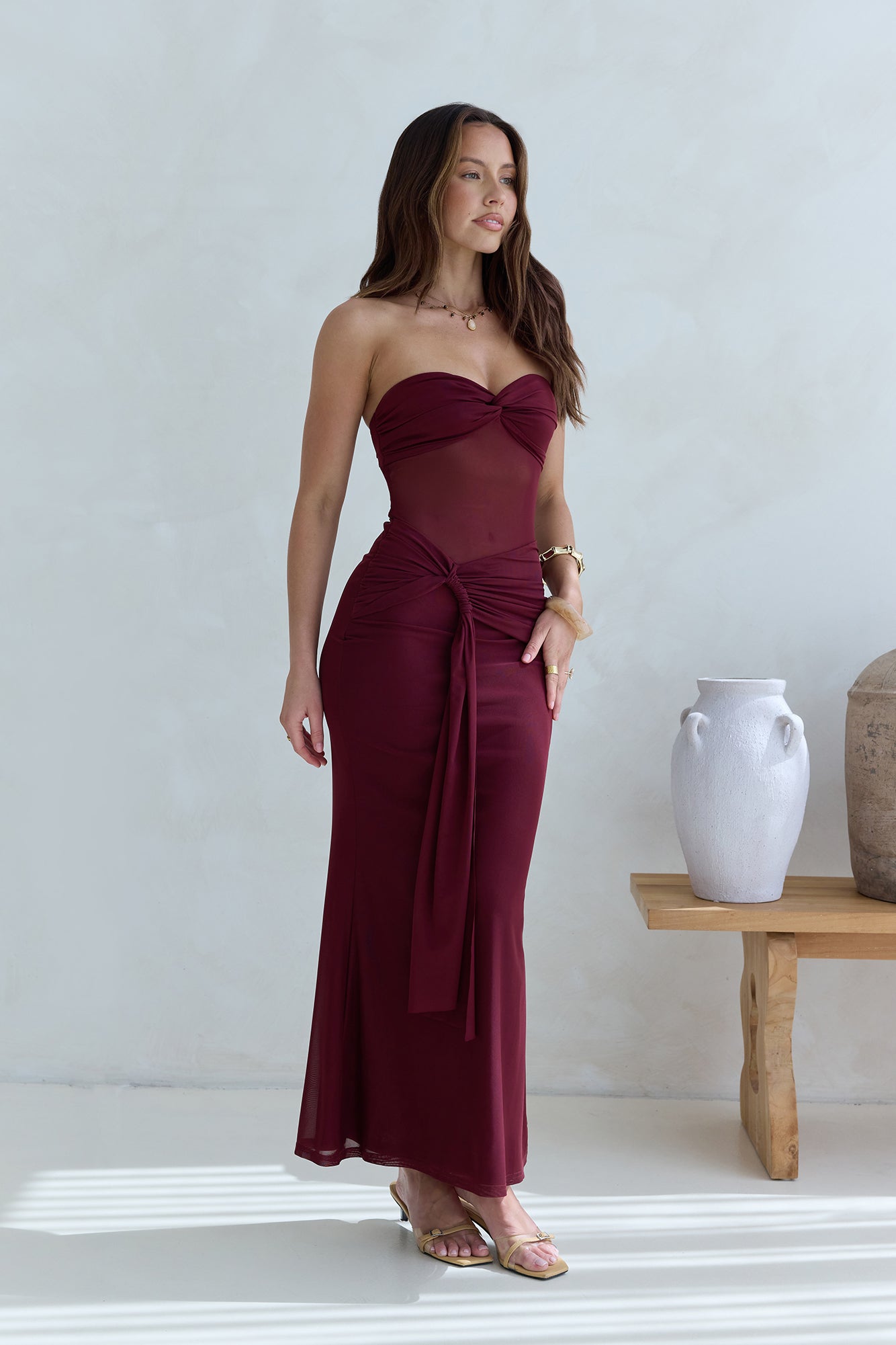 Caught Your Eye Mesh Strapless Maxi Dress Burgundy-Seaa Fashion