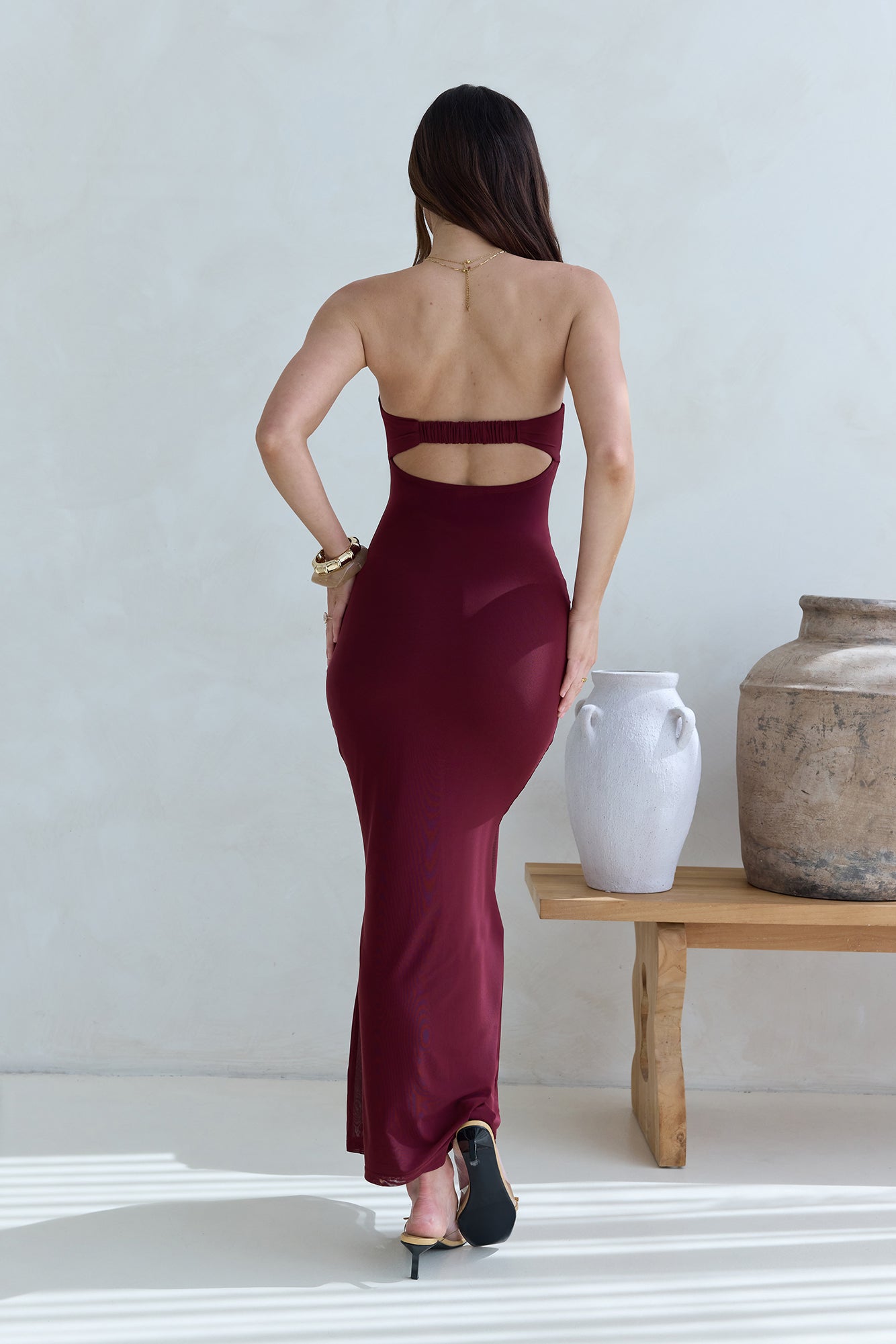 Caught Your Eye Mesh Strapless Maxi Dress Burgundy-Seaa Fashion