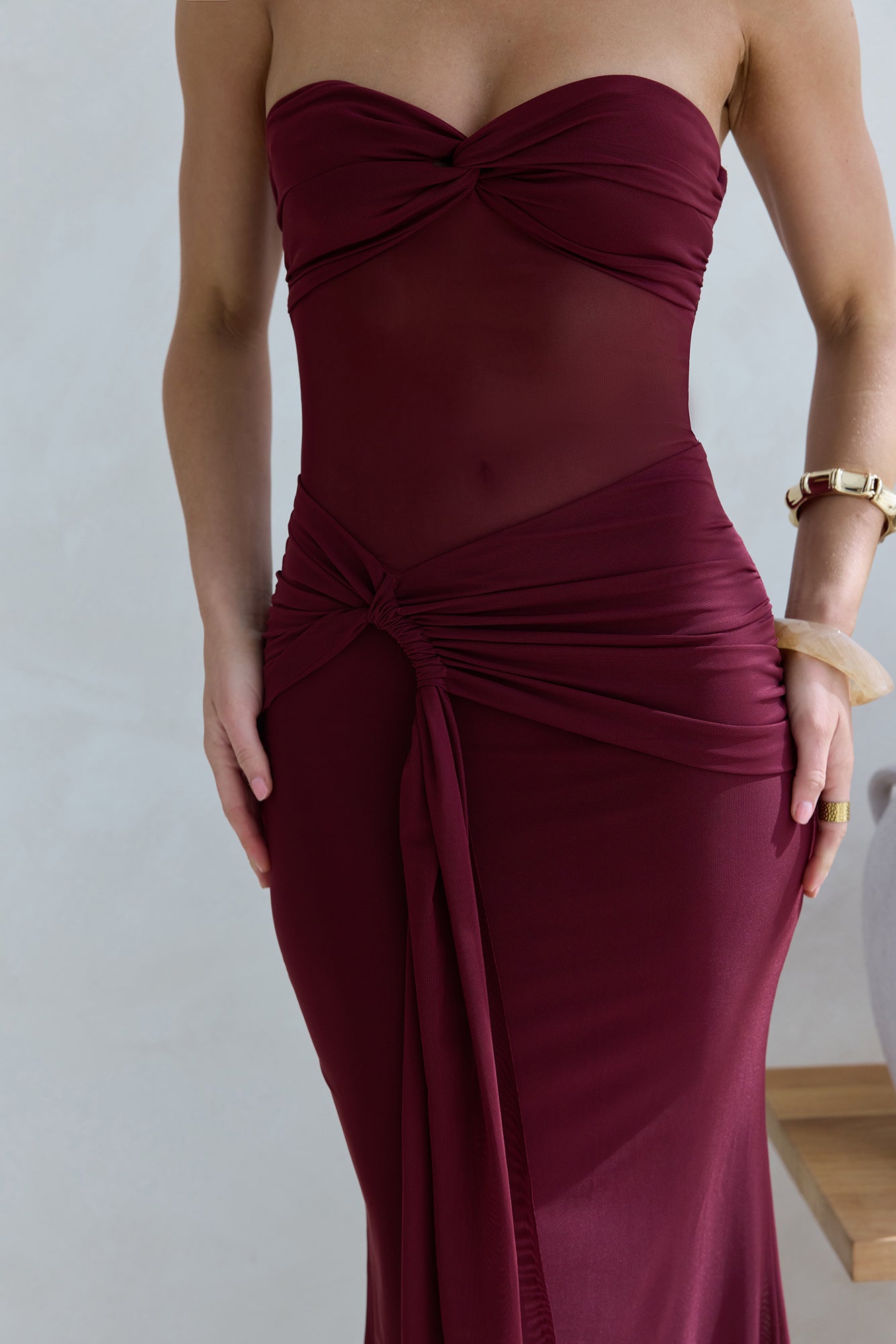 Caught Your Eye Mesh Strapless Maxi Dress Burgundy-Seaa Fashion