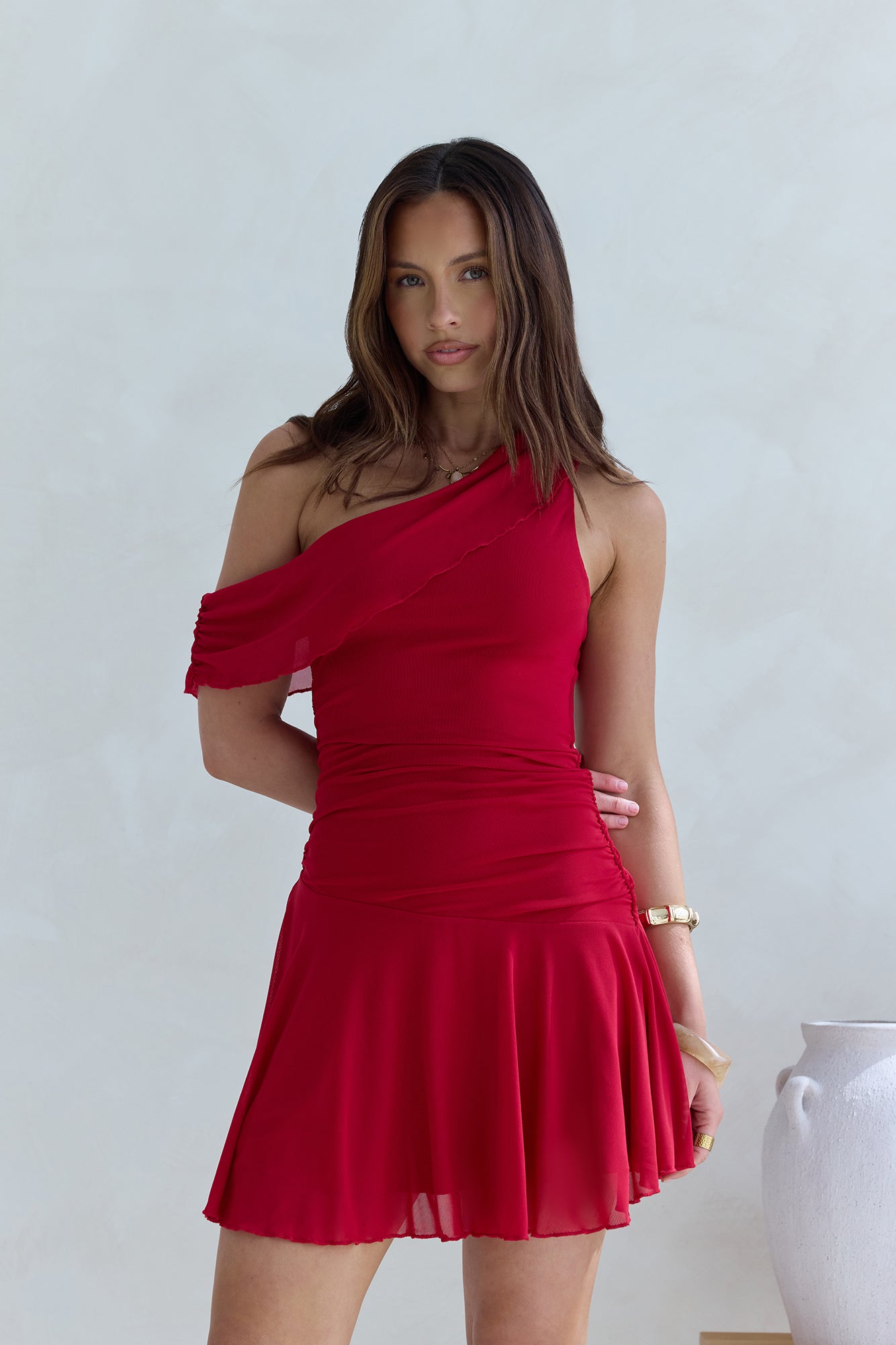 Promise To You One Shoulder Mesh Mini Dress Red-Seaa Fashion