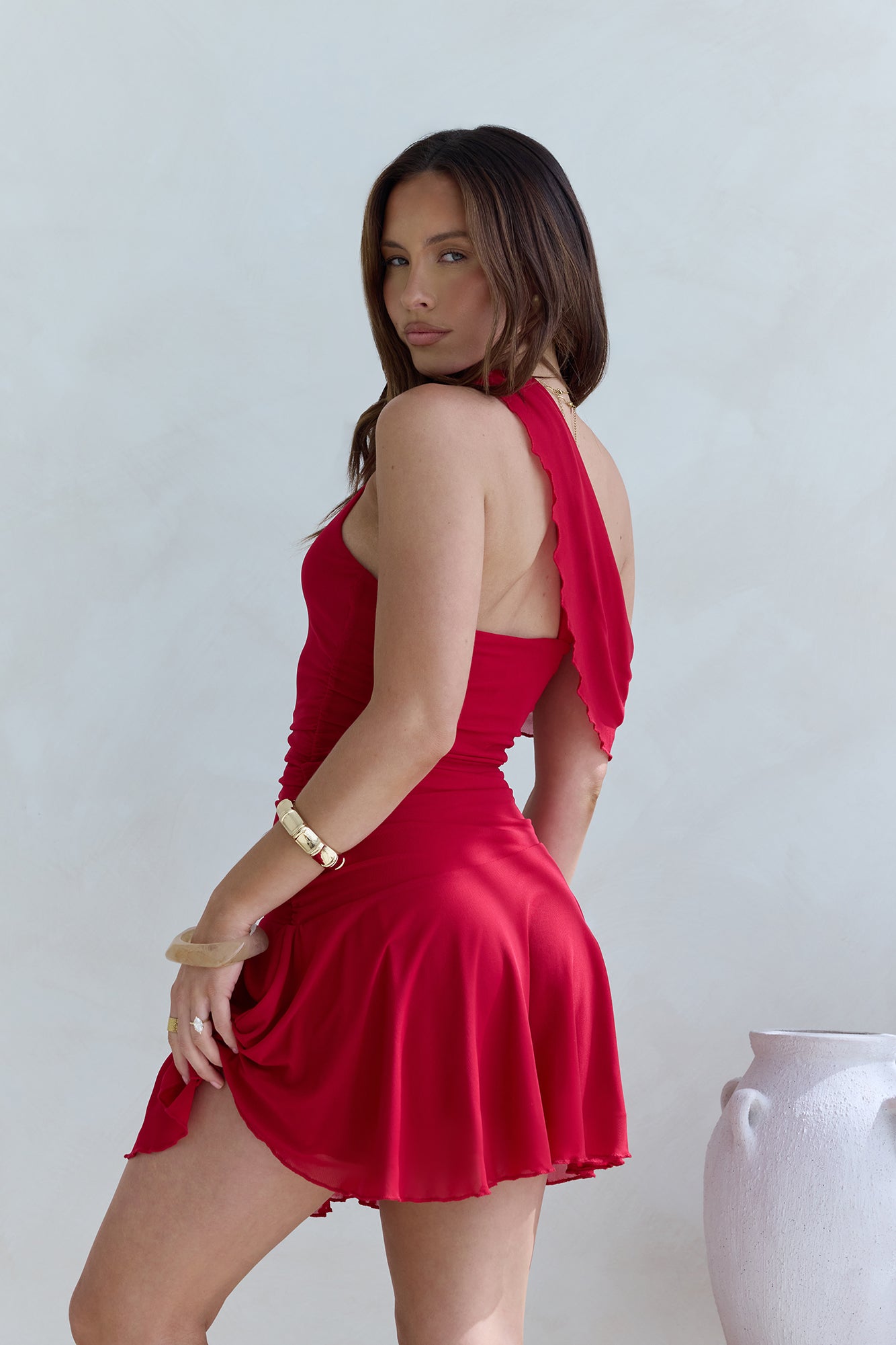 Promise To You One Shoulder Mesh Mini Dress Red-Seaa Fashion