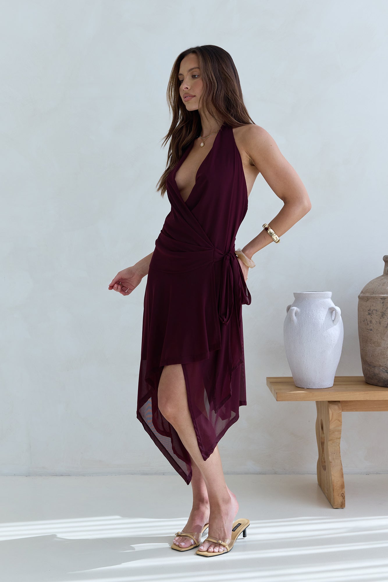 Starry Dreams Halter Mesh Mini Dress Burgundy-Seaa Fashion