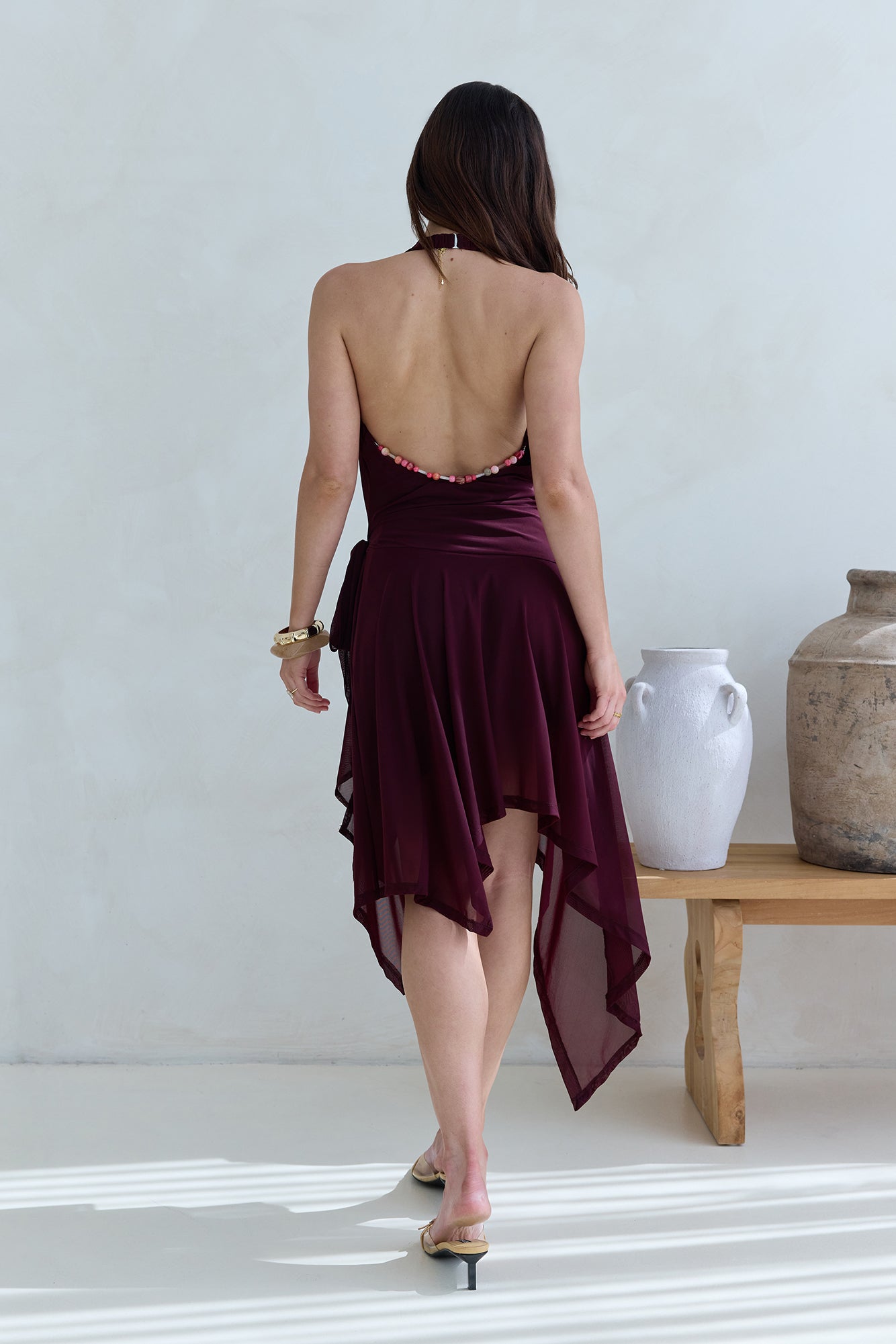 Starry Dreams Halter Mesh Mini Dress Burgundy-Seaa Fashion