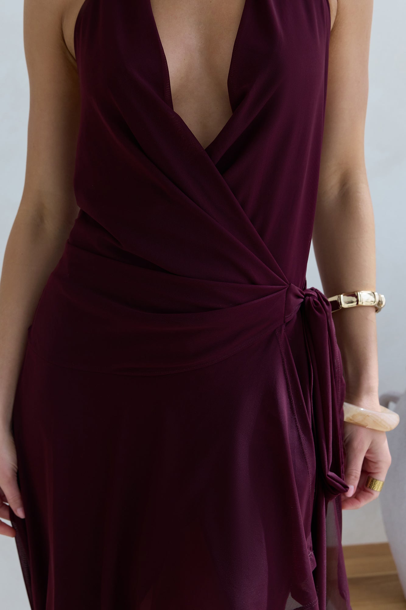 Starry Dreams Halter Mesh Mini Dress Burgundy-Seaa Fashion