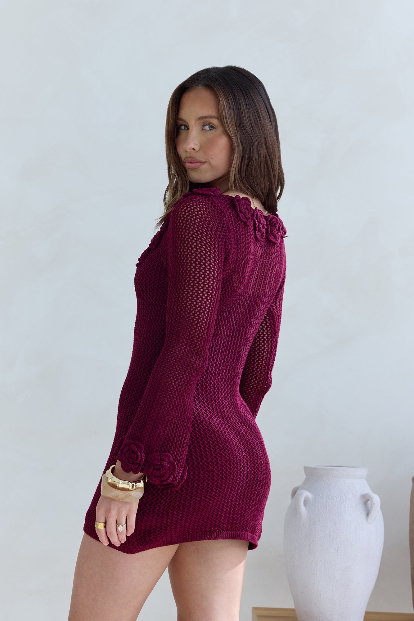 Rosy World Long Sleeve Knit Mini Dress Wine-Seaa Fashion