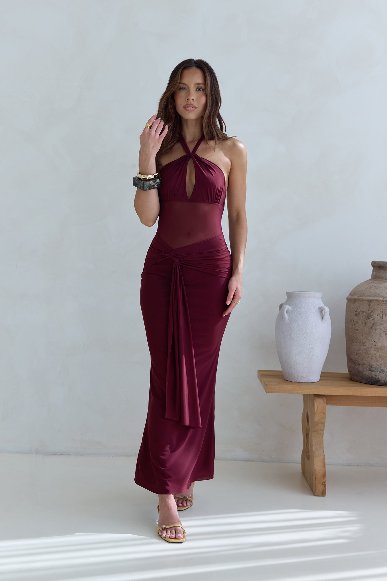 Taste Of Luxe Halter Mesh Maxi Dress Burgundy-Seaa Fashion
