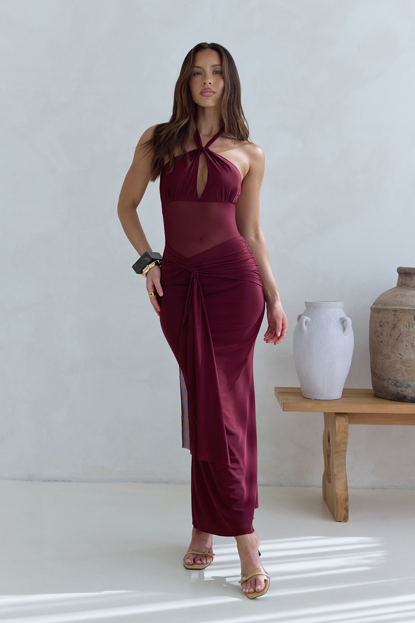 Taste Of Luxe Halter Mesh Maxi Dress Burgundy-Seaa Fashion