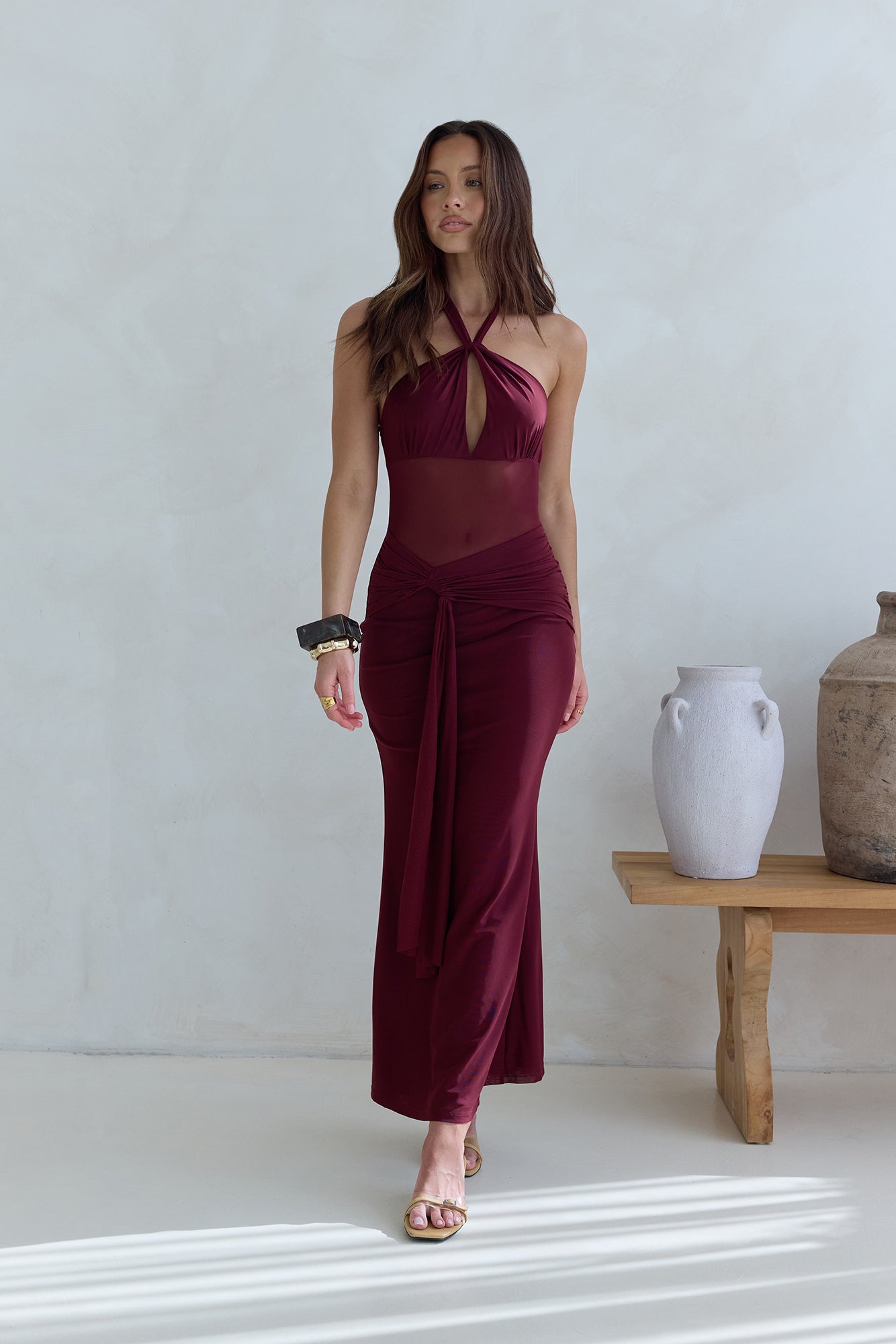 Taste Of Luxe Halter Mesh Maxi Dress Burgundy-Seaa Fashion