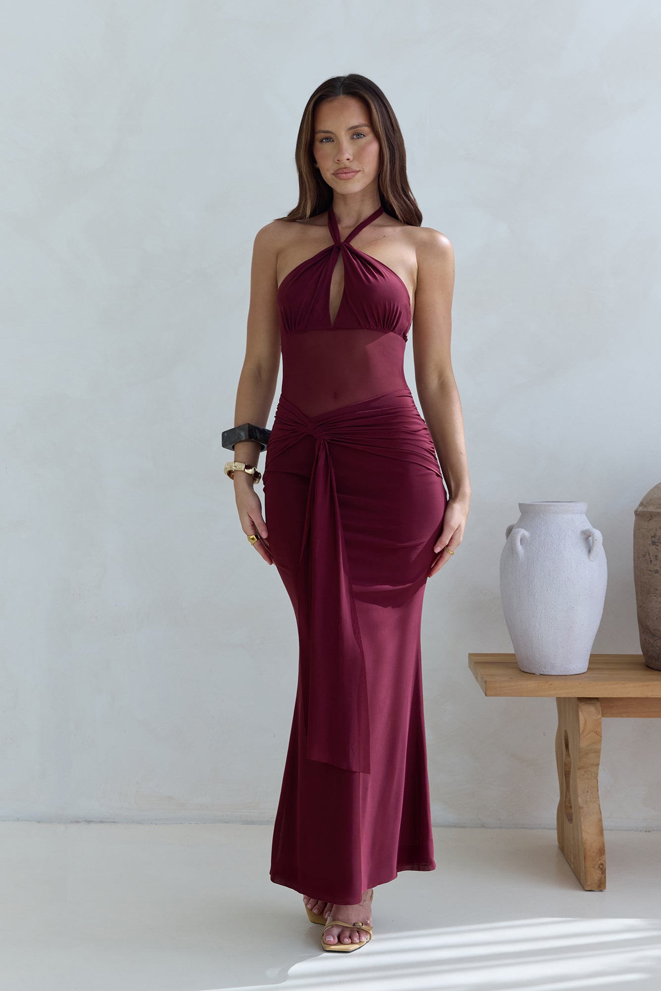 Taste Of Luxe Halter Mesh Maxi Dress Burgundy-Seaa Fashion