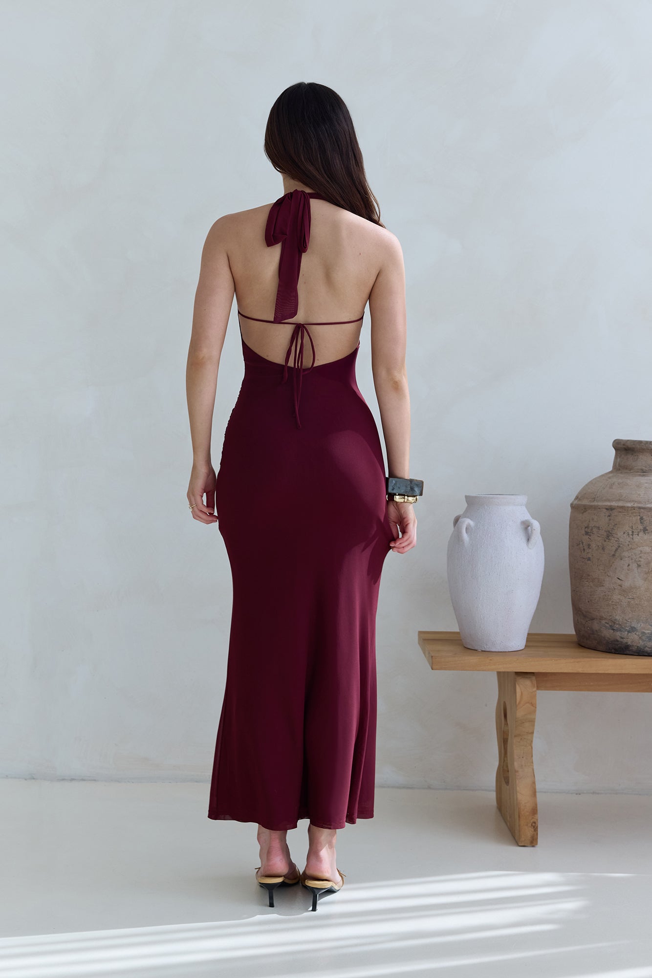 Taste Of Luxe Halter Mesh Maxi Dress Burgundy-Seaa Fashion