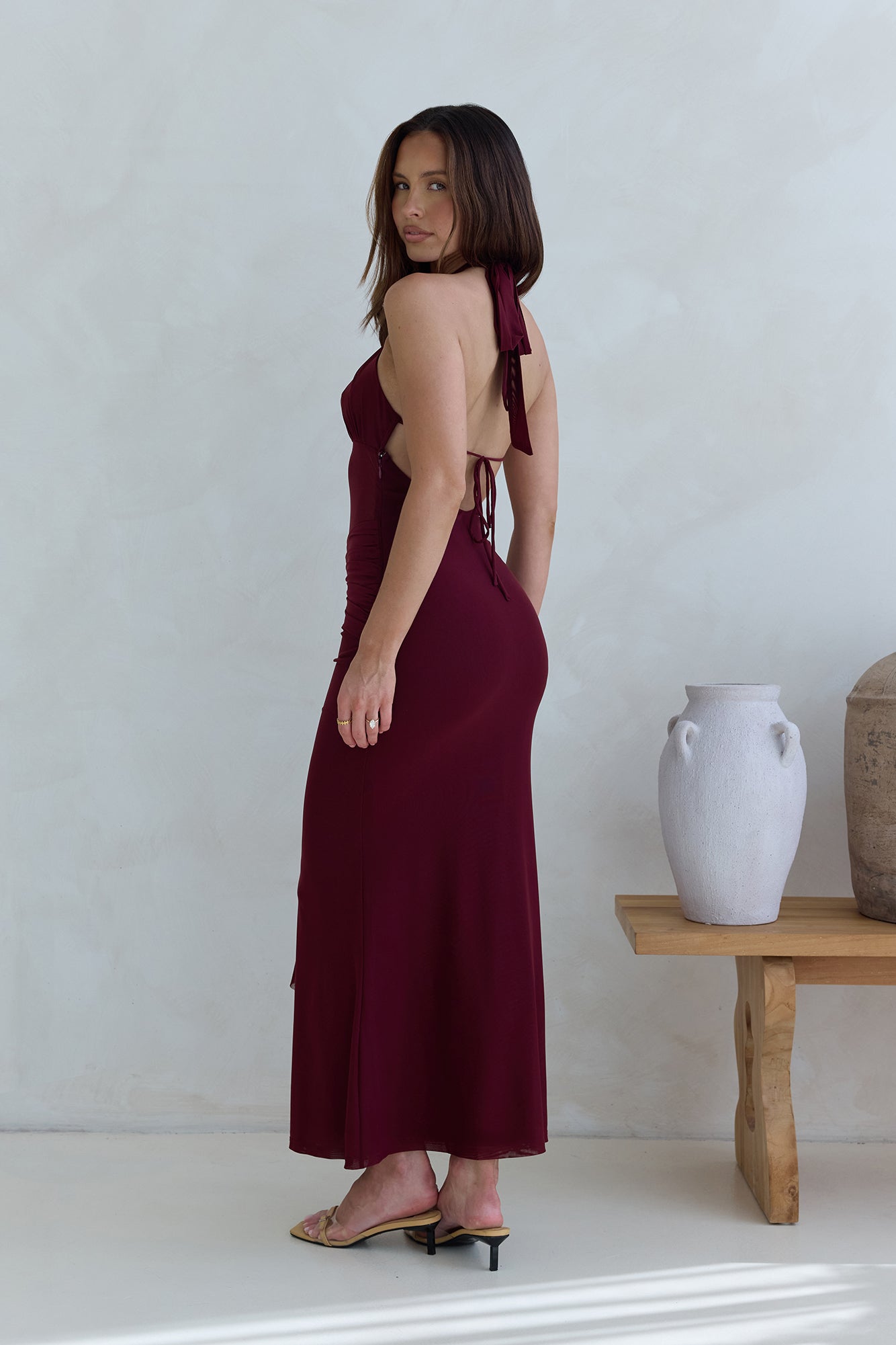Taste Of Luxe Halter Mesh Maxi Dress Burgundy-Seaa Fashion