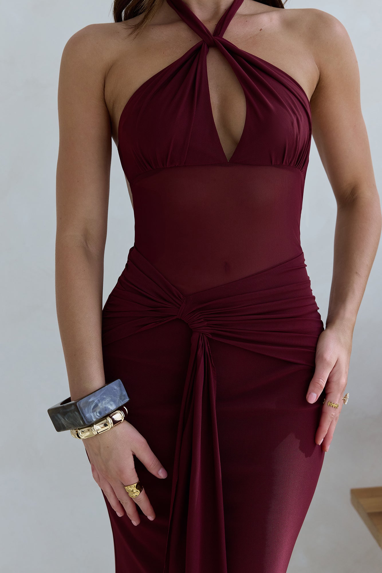 Taste Of Luxe Halter Mesh Maxi Dress Burgundy-Seaa Fashion