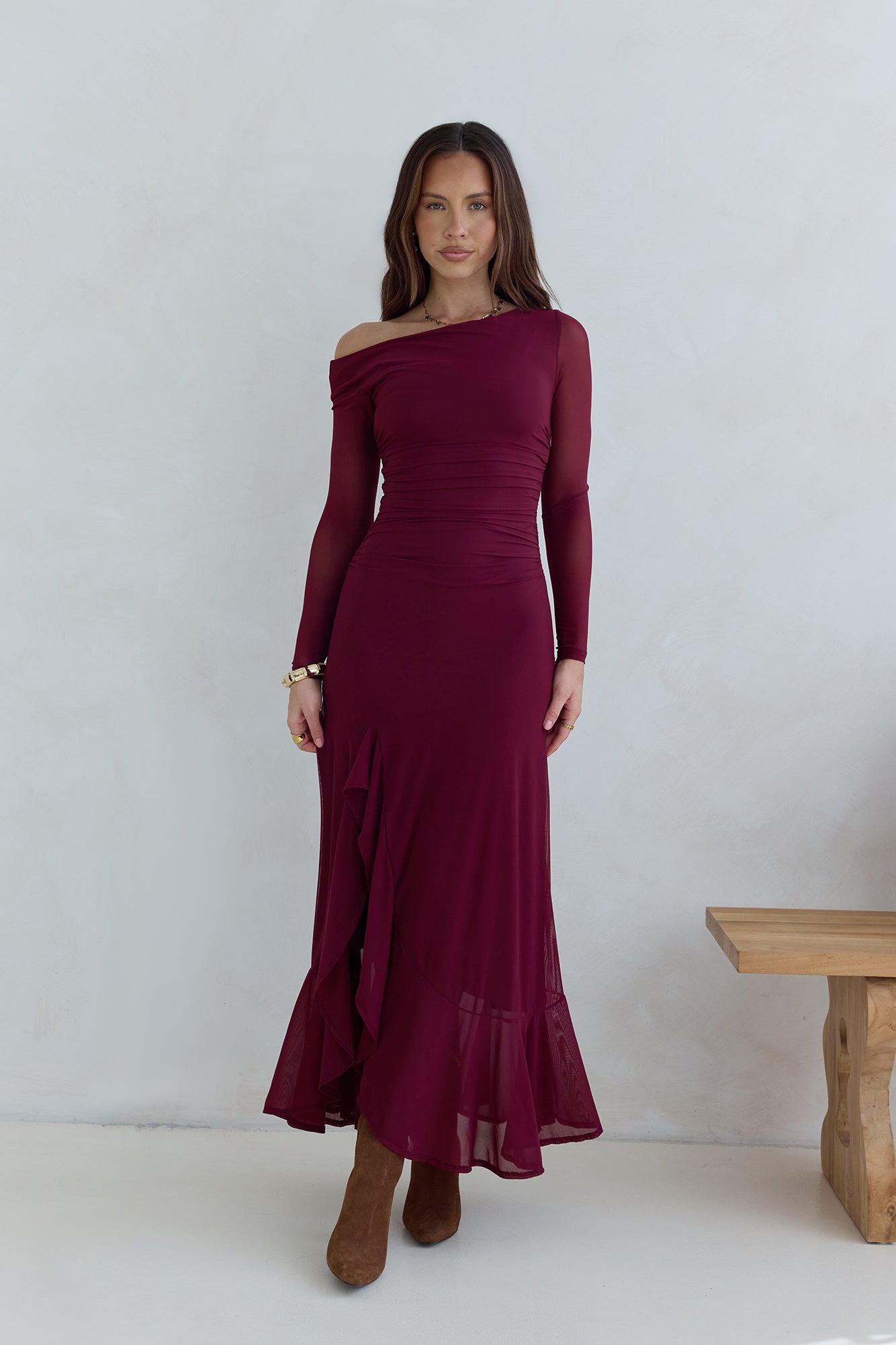 Whispered Secrets Mesh Long Sleeve Maxi Dress Wine-Seaa Fashion