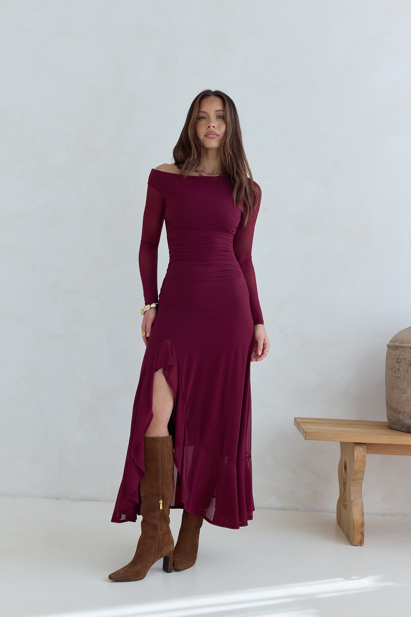 Whispered Secrets Mesh Long Sleeve Maxi Dress Wine-Seaa Fashion