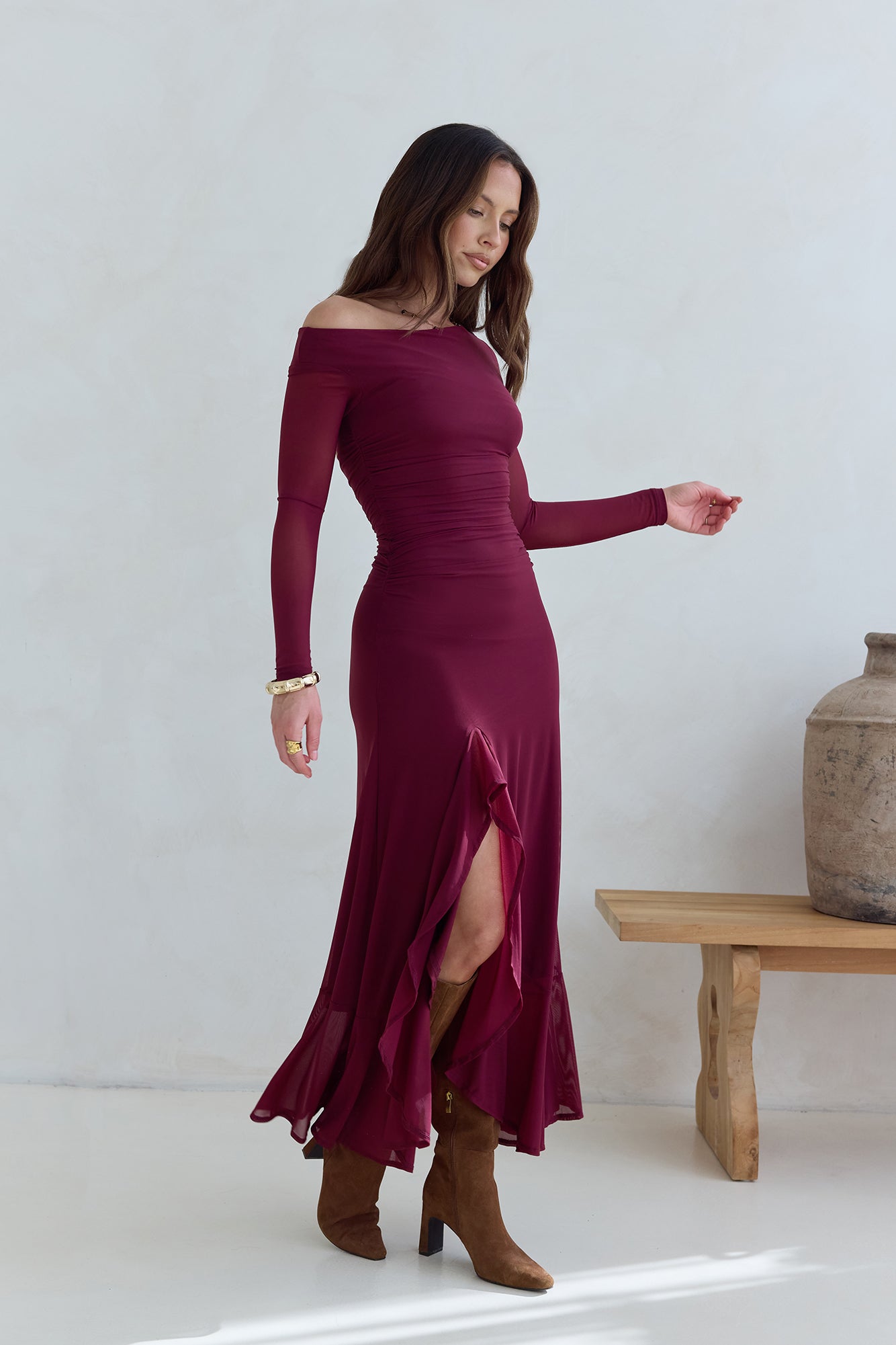 Whispered Secrets Mesh Long Sleeve Maxi Dress Wine-Seaa Fashion