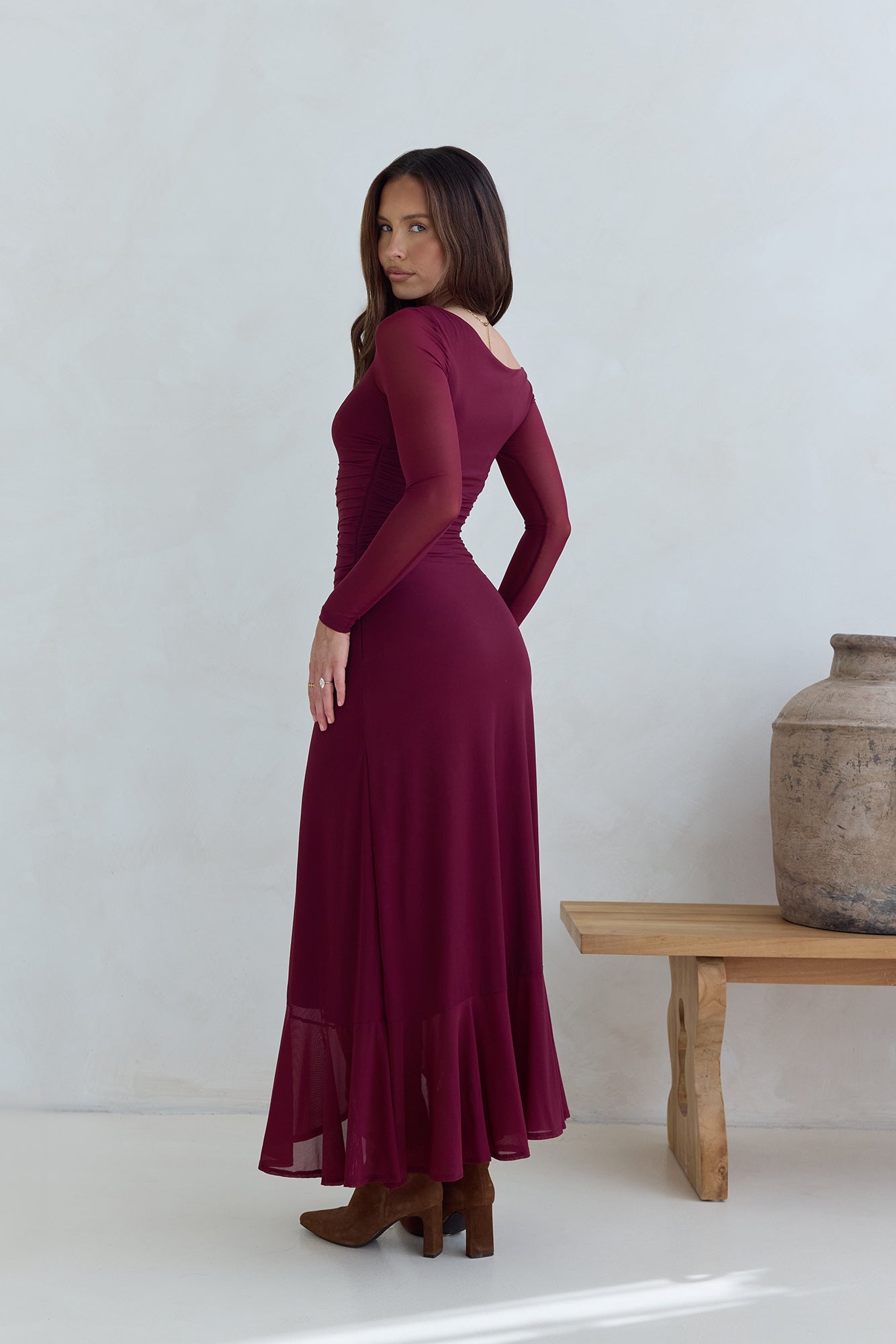 Whispered Secrets Mesh Long Sleeve Maxi Dress Wine-Seaa Fashion