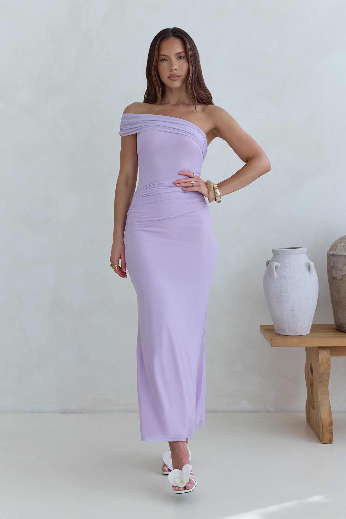 Dahlia One Shoulder Mesh Maxi Dress Lilac-Seaa Fashion