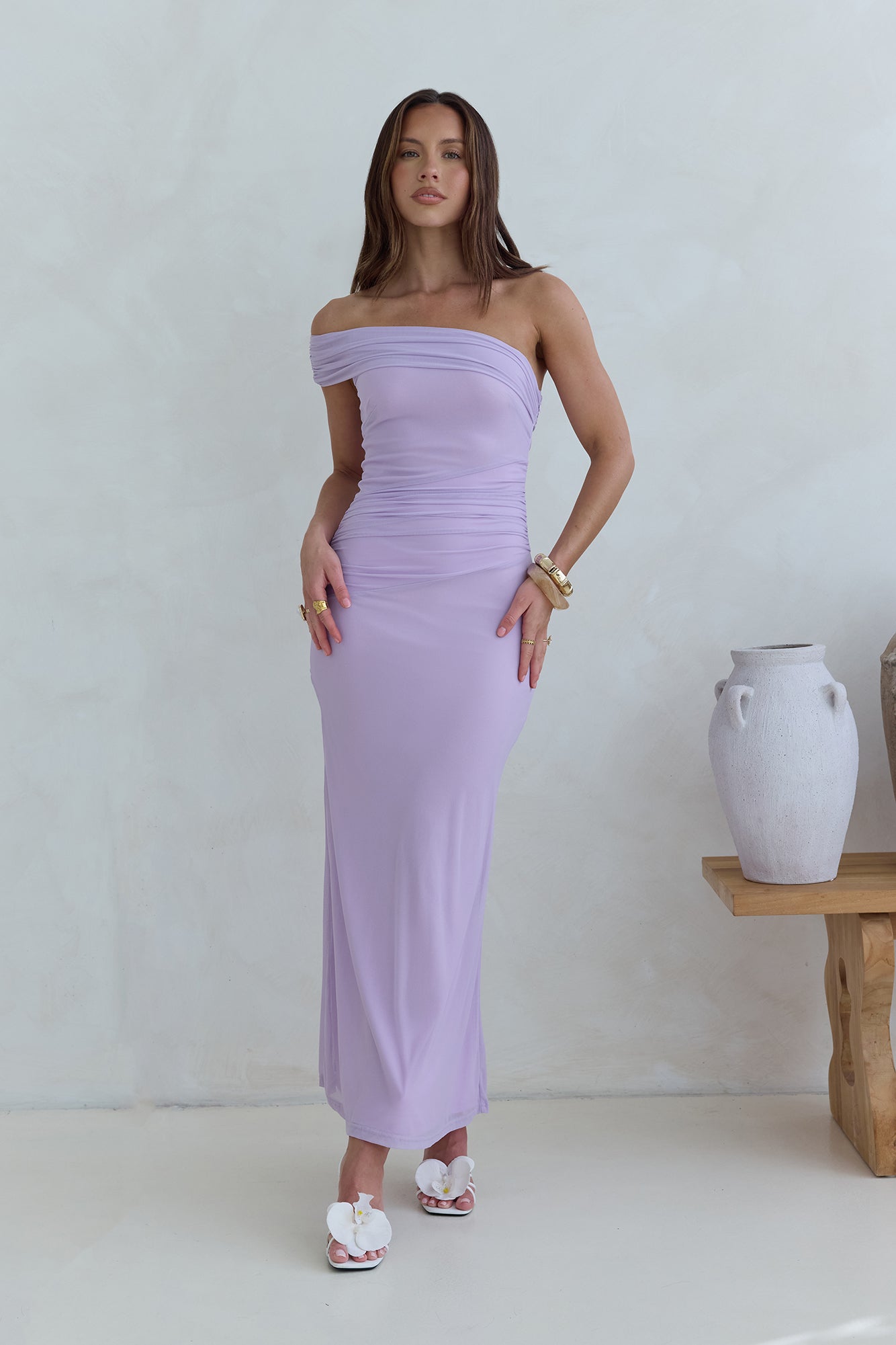 Dahlia One Shoulder Mesh Maxi Dress Lilac-Seaa Fashion