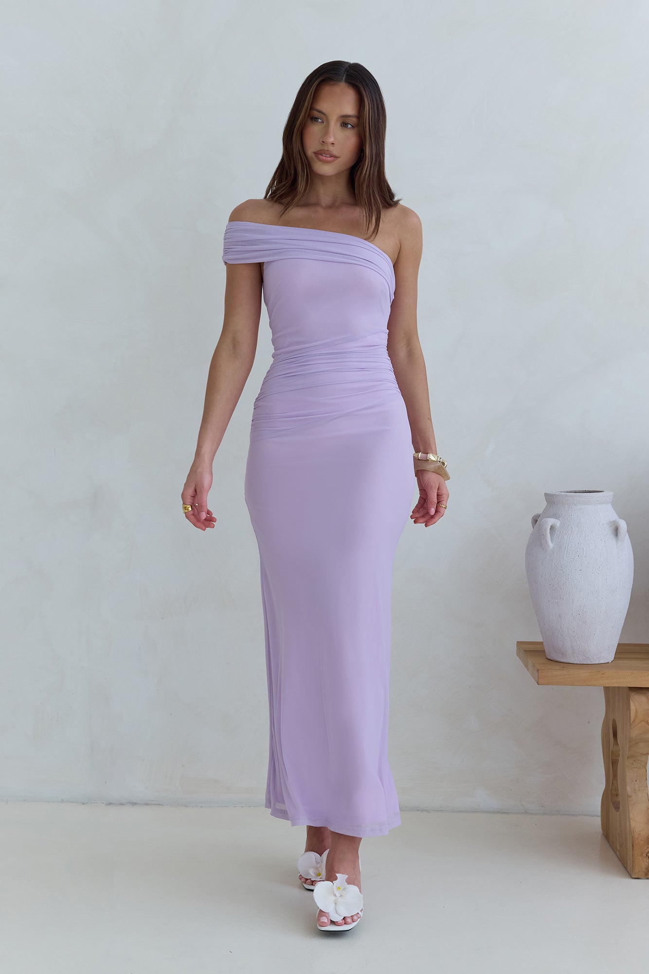 Dahlia One Shoulder Mesh Maxi Dress Lilac-Seaa Fashion