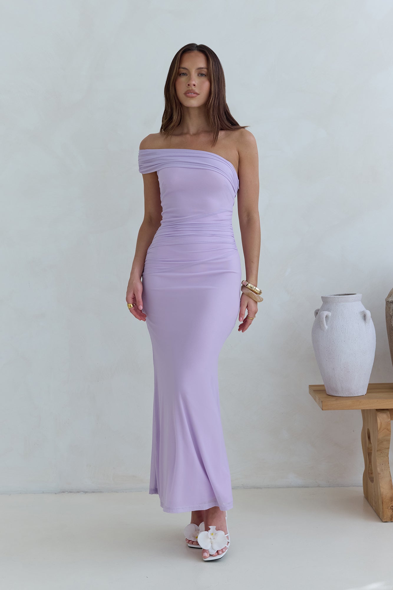 Dahlia One Shoulder Mesh Maxi Dress Lilac-Seaa Fashion