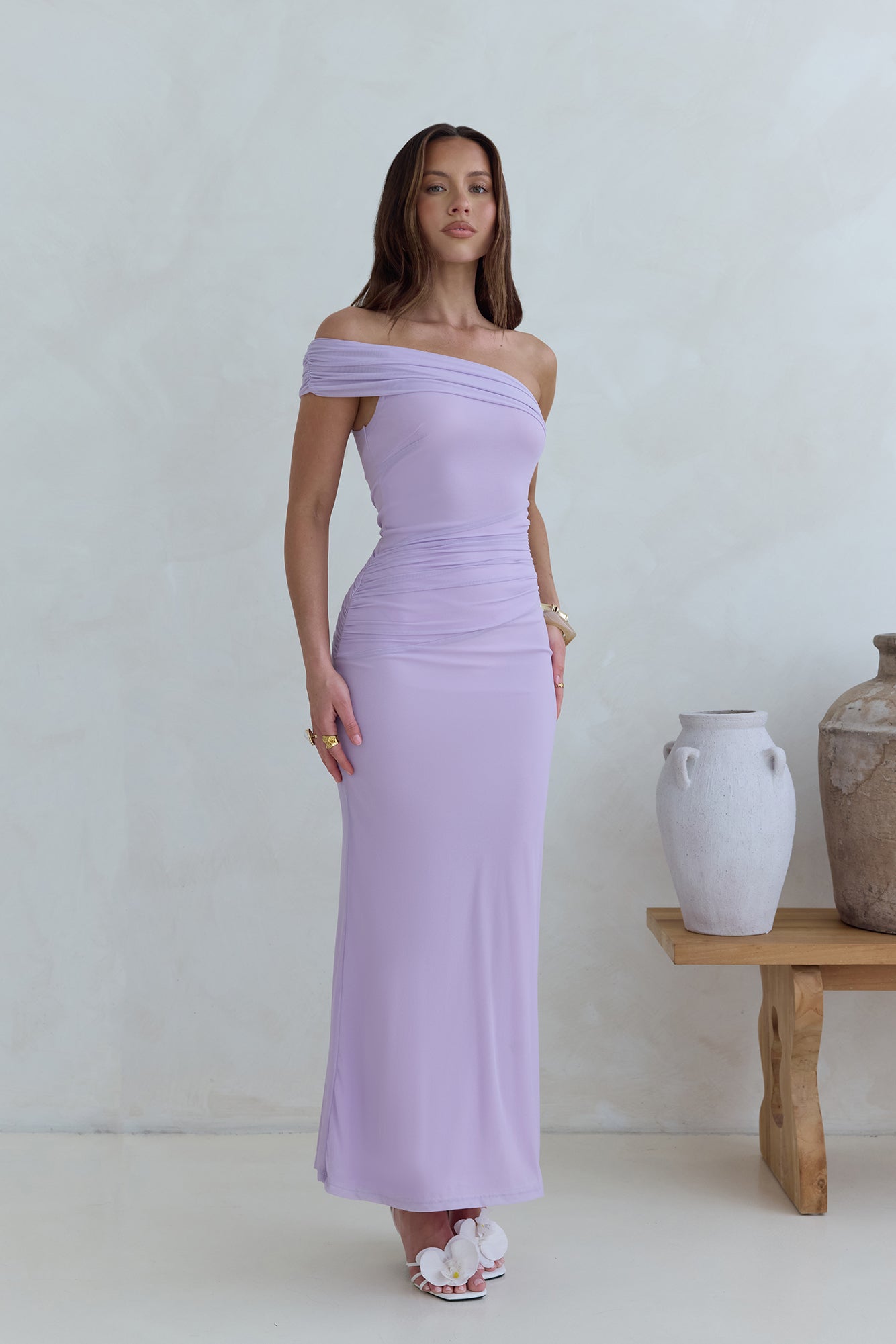 Dahlia One Shoulder Mesh Maxi Dress Lilac-Seaa Fashion
