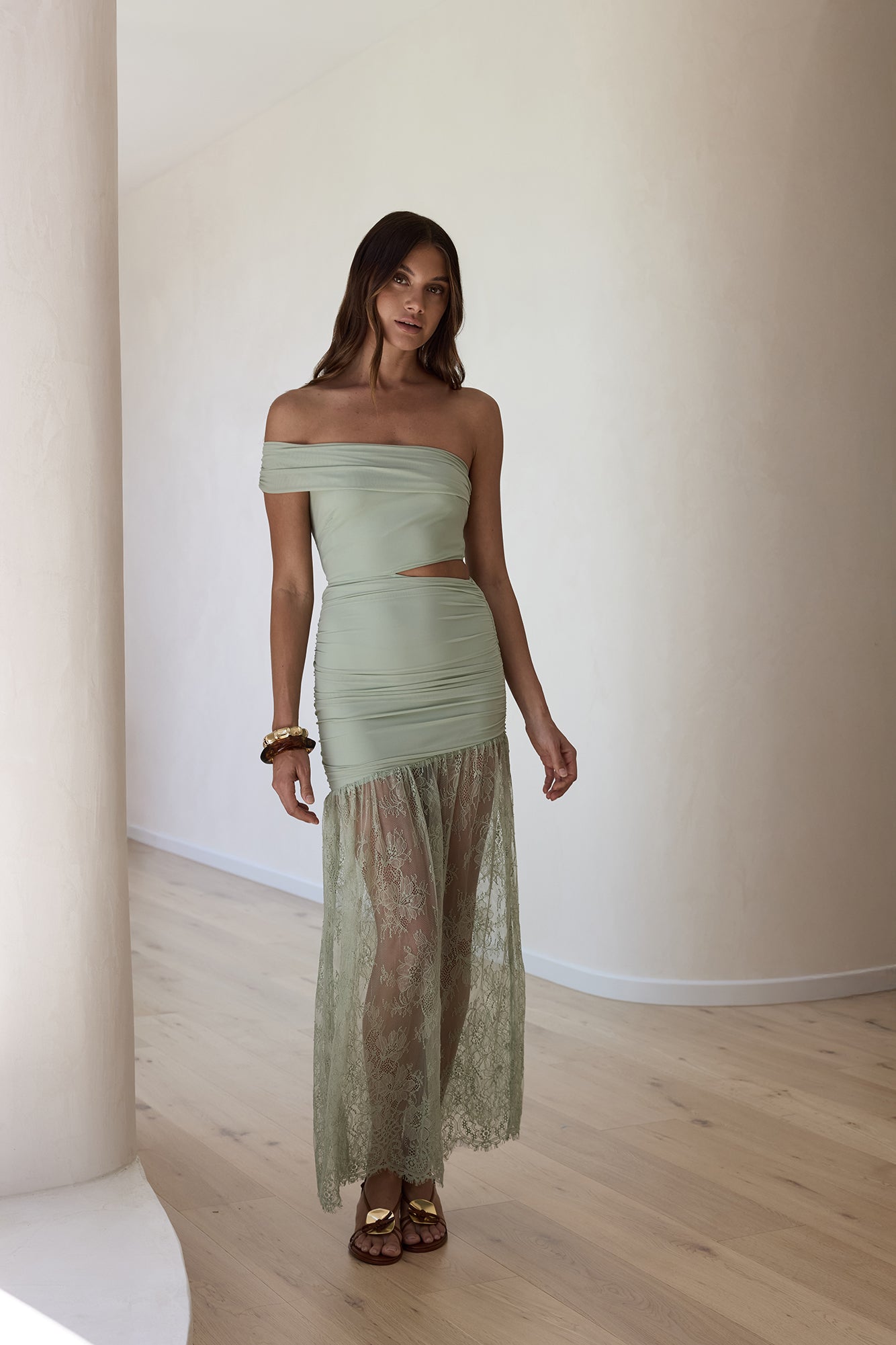 Blossoming Hearts Off Shoulder Lace Maxi Dress Sage-Seaa Fashion