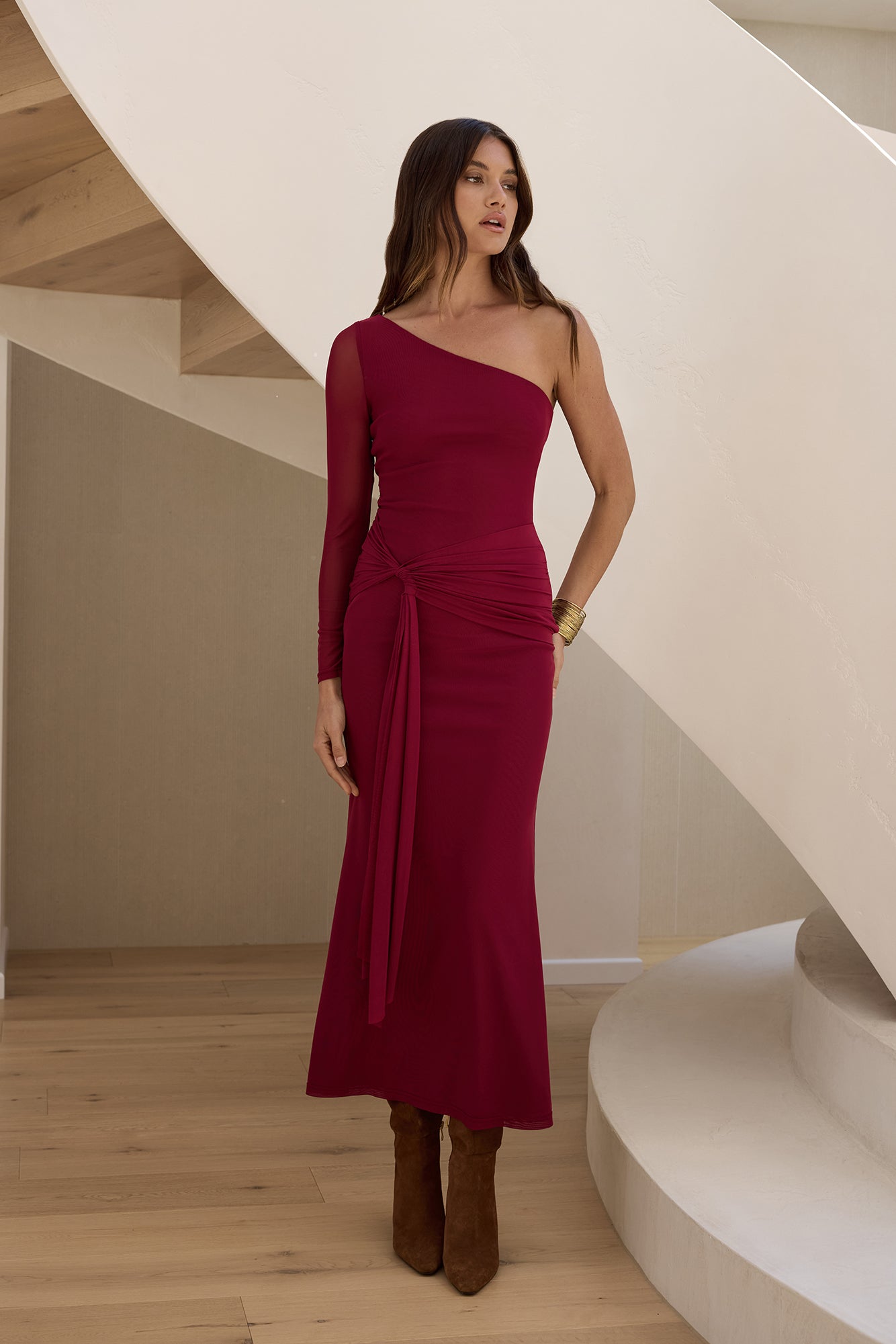 Moment Of Clarity One Shoulder Mesh Maxi Dress Plum-Seaa Fashion