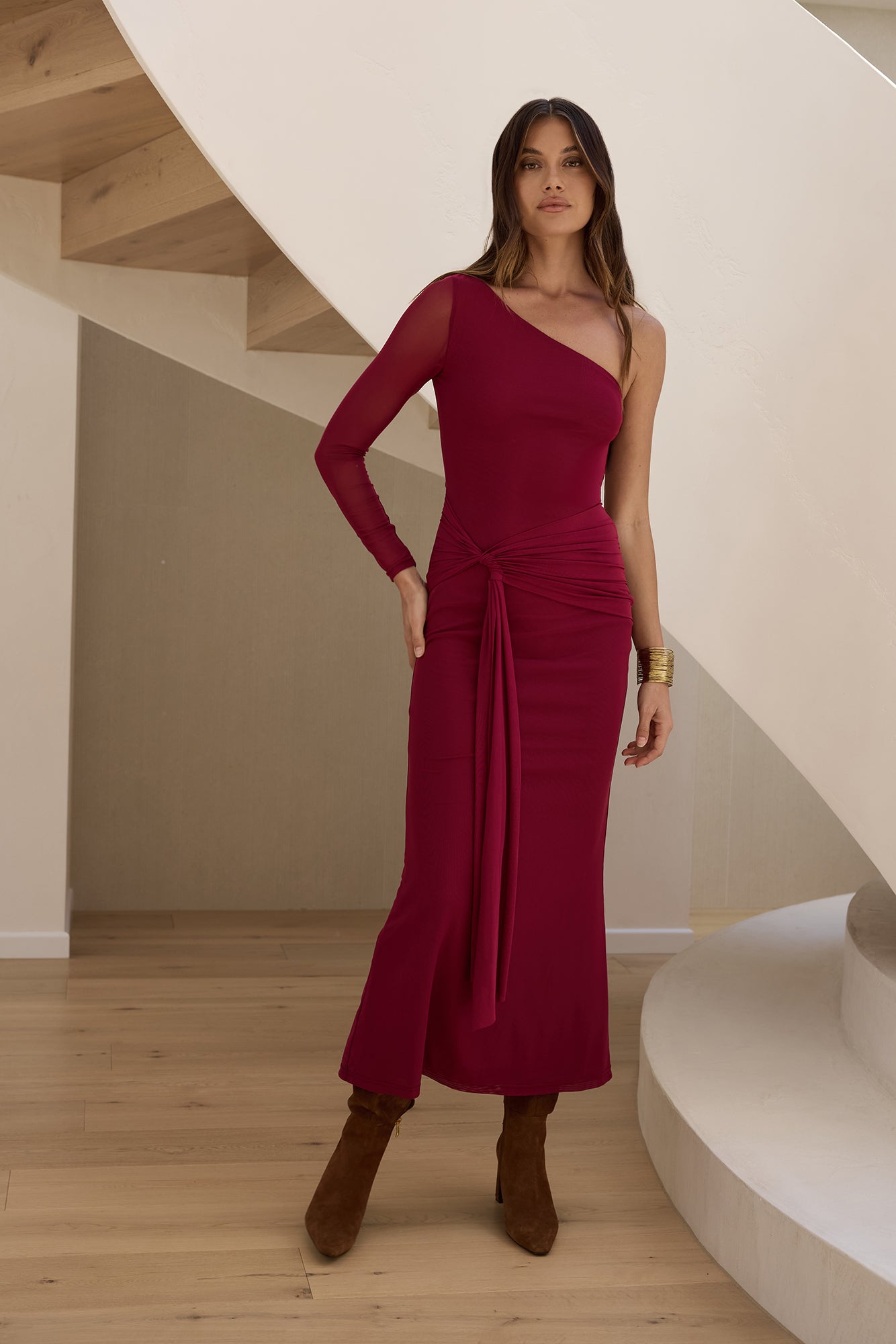 Moment Of Clarity One Shoulder Mesh Maxi Dress Plum-Seaa Fashion